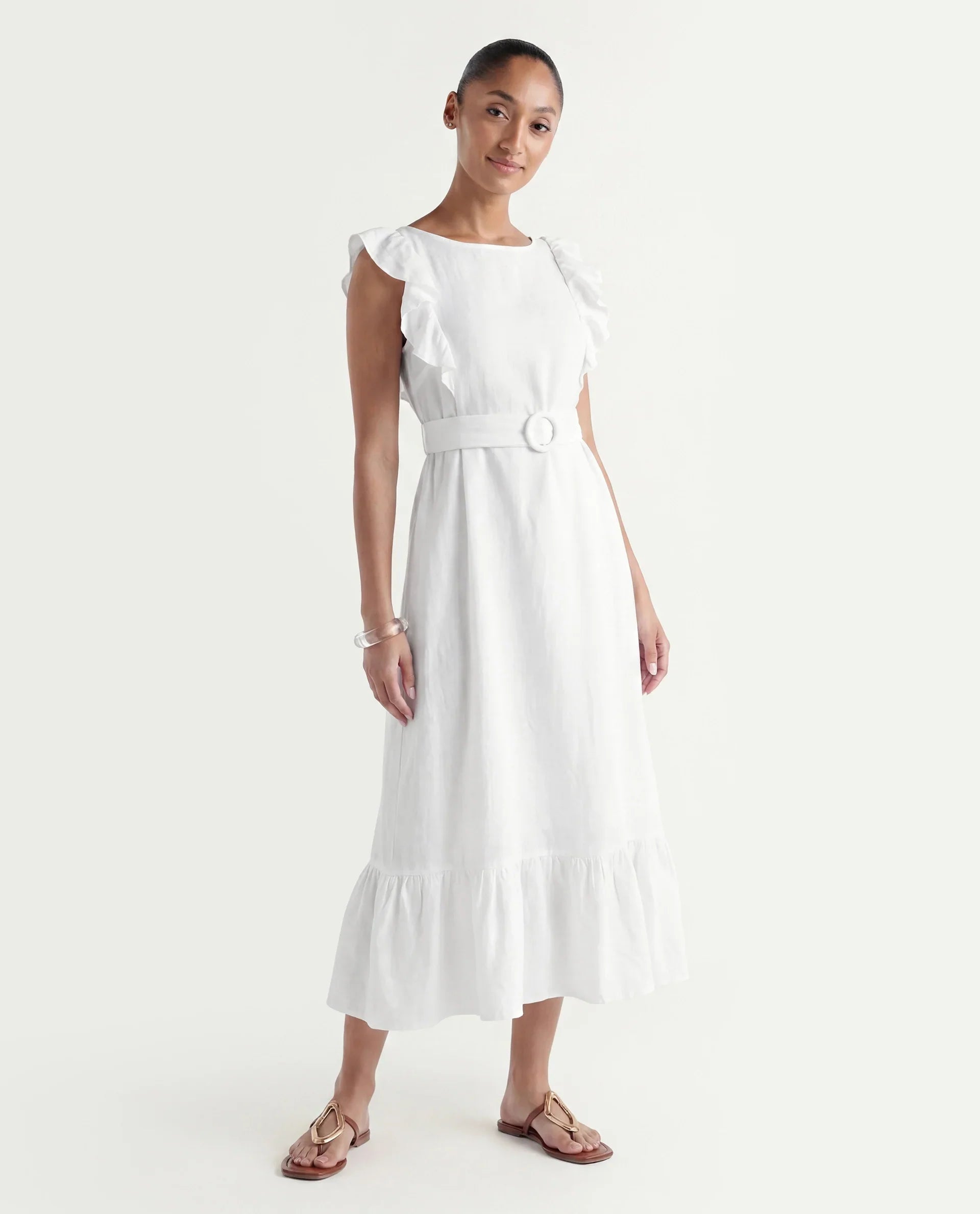 Rareism Women's Anne White Linen Boat Neck Plain Ruffled Sleeve Maxi Regular Fit Dress