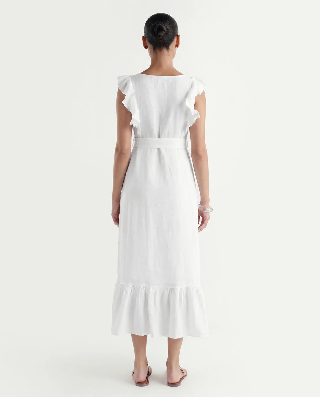 Rareism Women's Anne White Linen Boat Neck Plain Ruffled Sleeve Maxi Regular Fit Dress