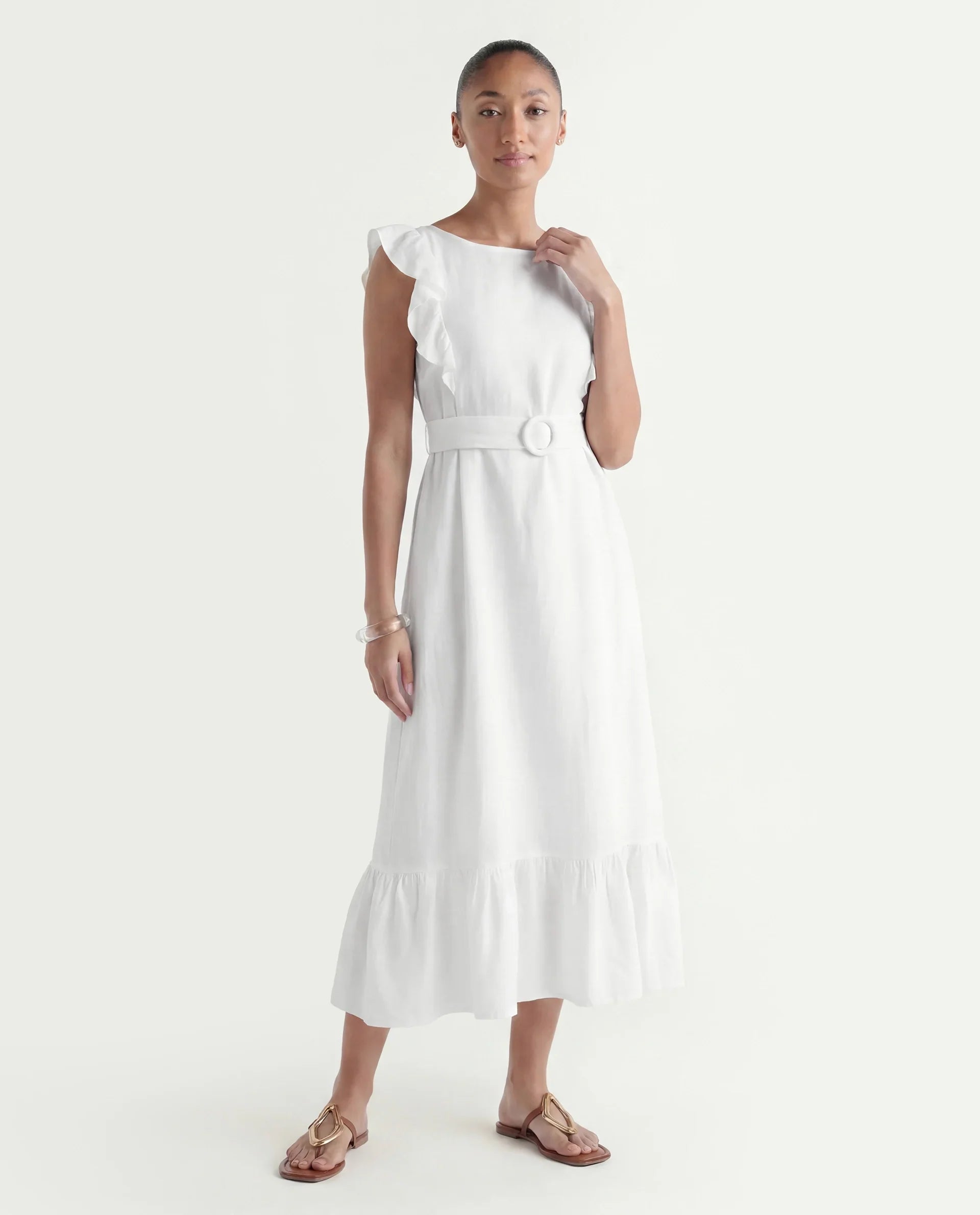 Rareism Women's Anne White Linen Boat Neck Plain Ruffled Sleeve Maxi Regular Fit Dress