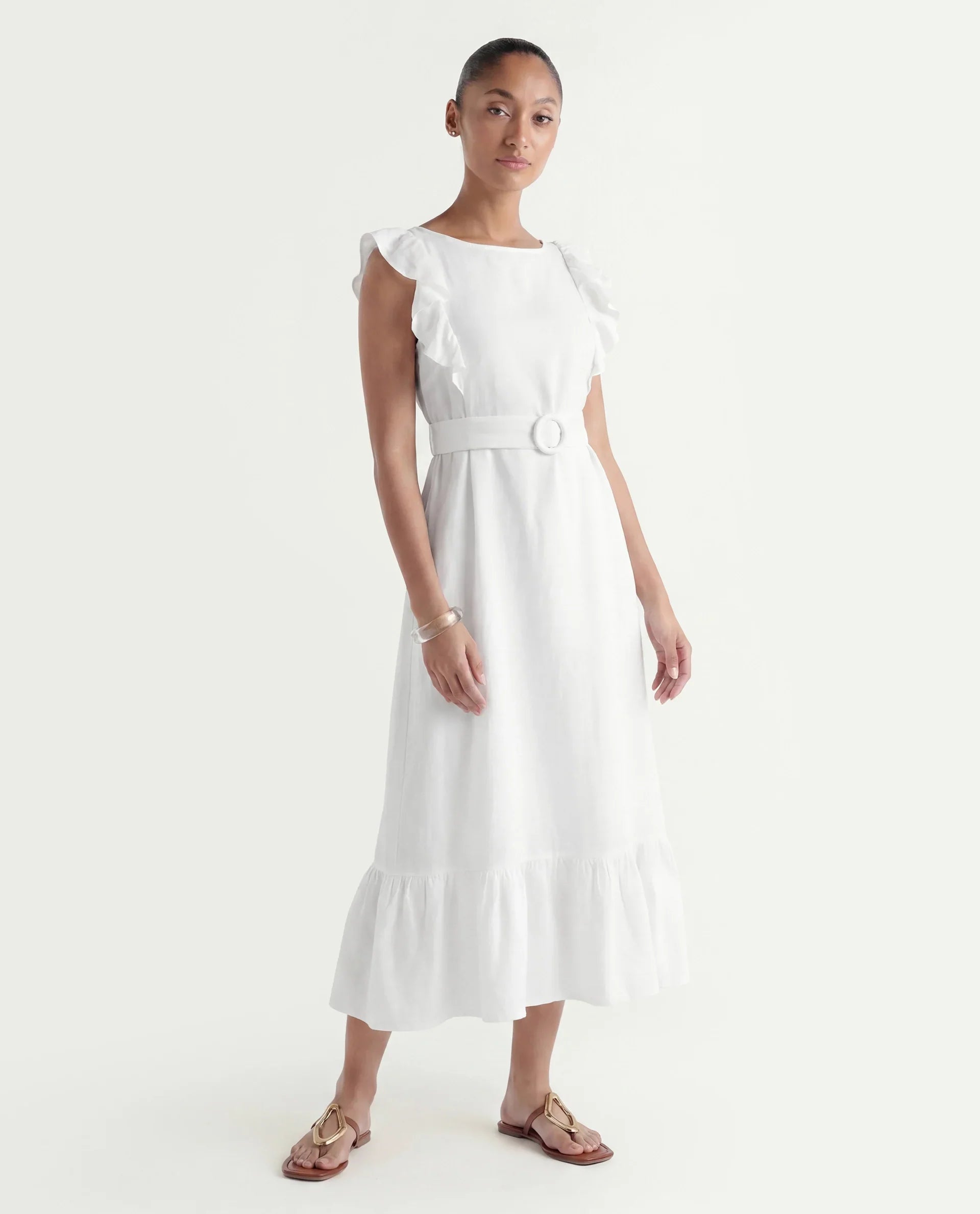 Rareism Women's Anne White Linen Boat Neck Plain Ruffled Sleeve Maxi Regular Fit Dress