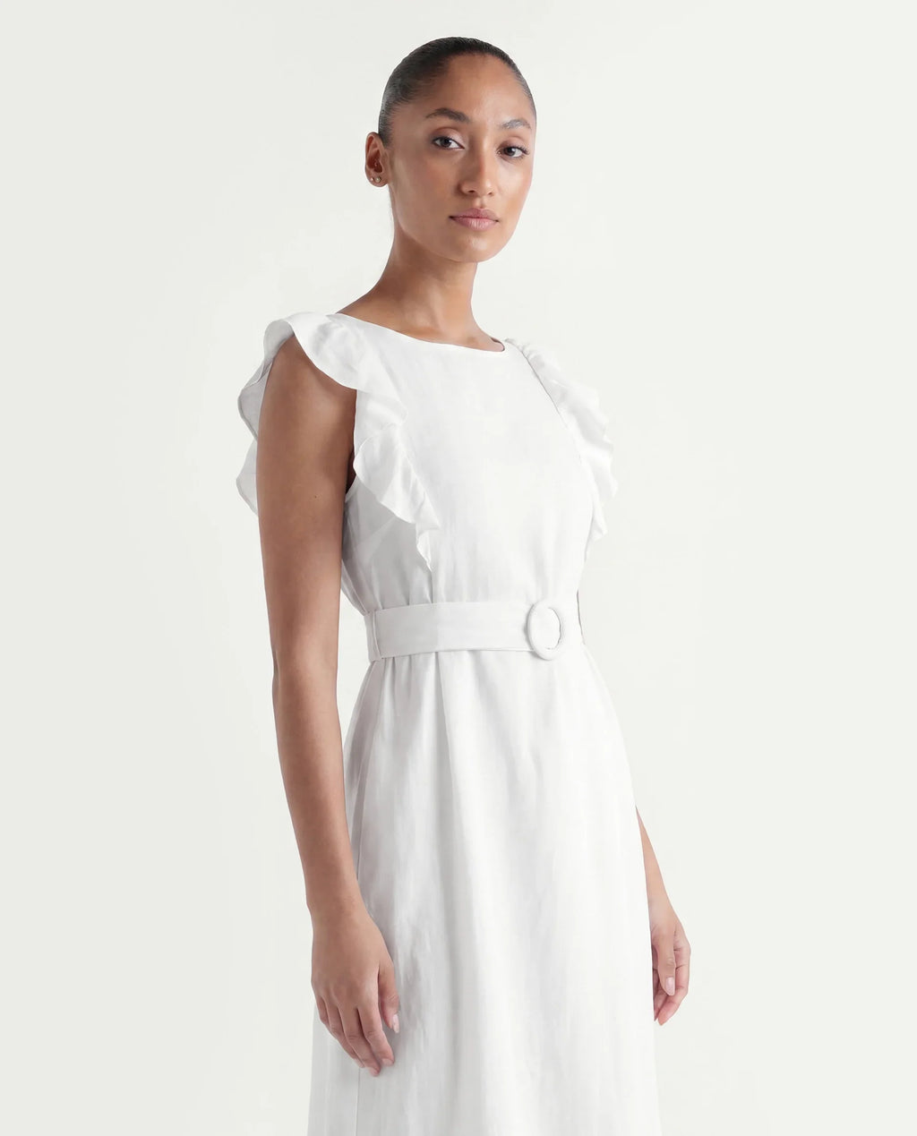 Rareism Women's Anne White Linen Boat Neck Plain Ruffled Sleeve Maxi Regular Fit Dress