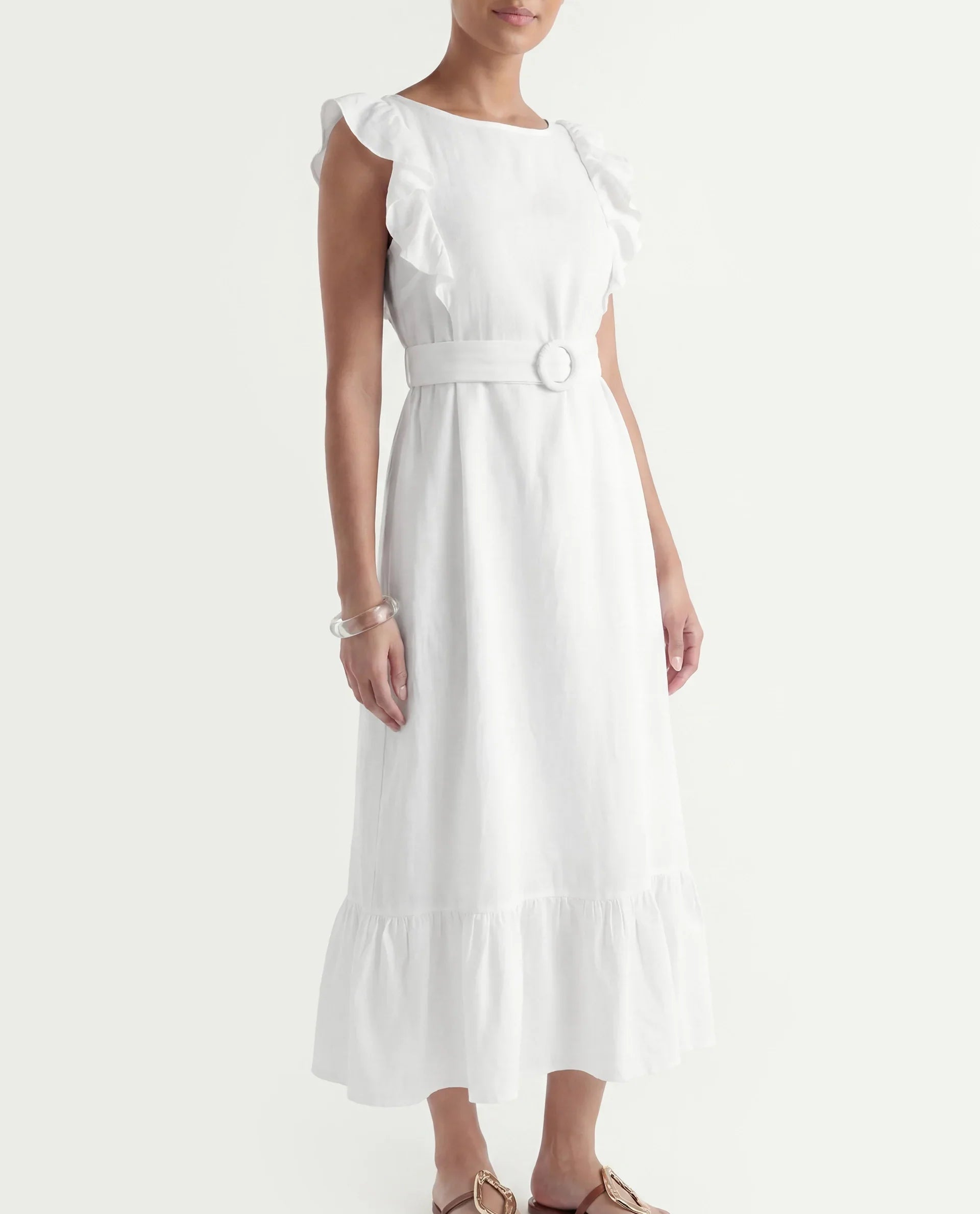 Rareism Women's Anne White Linen Boat Neck Plain Ruffled Sleeve Maxi Regular Fit Dress