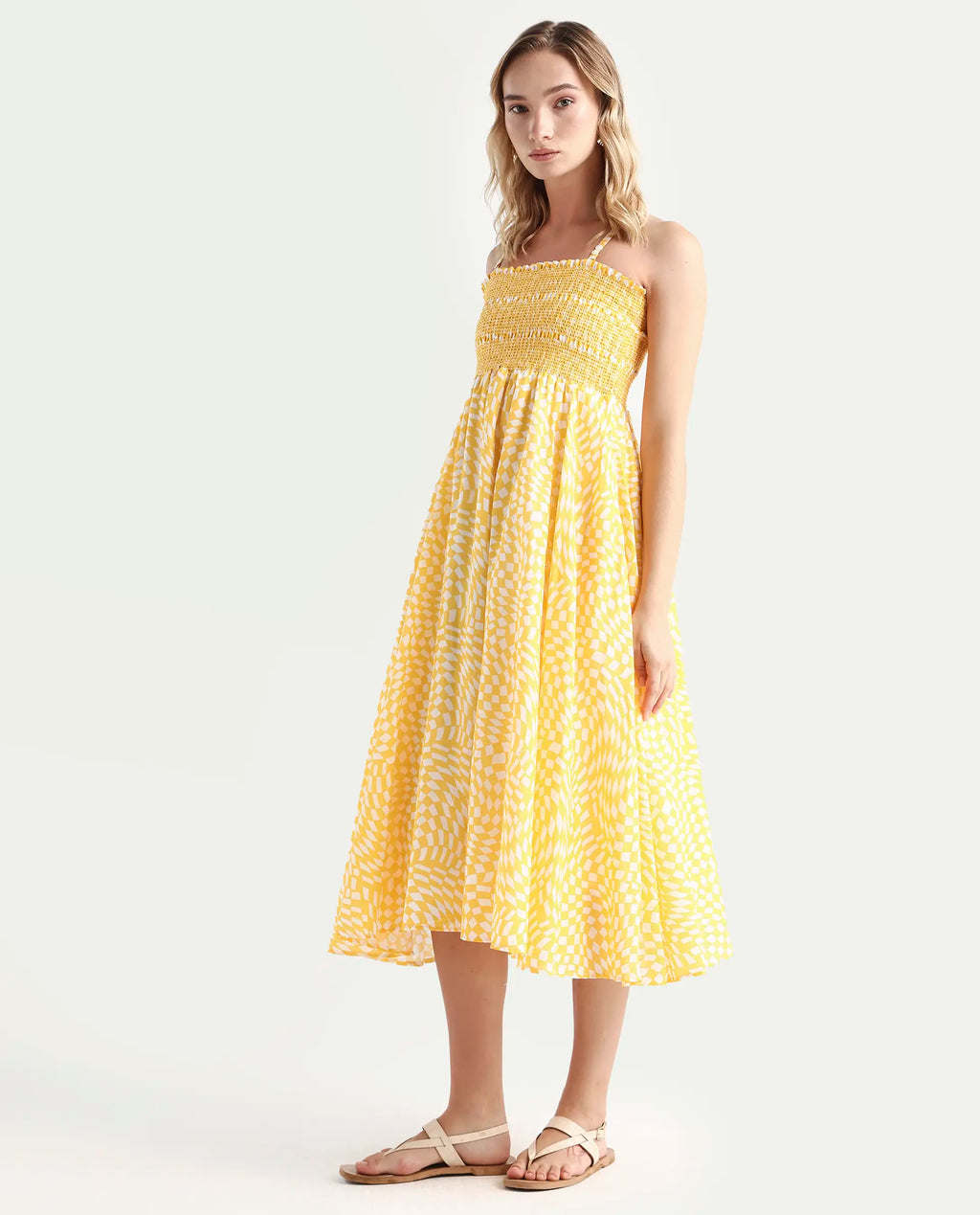 Rareism Women's Daffodil Yellow Cotton Tube Neck Printed Shoulder Strap Knee Length Regular Fit Dress
