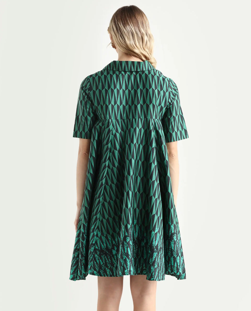Rareism Women's Carolin Green Cotton Spread Collar Geometric Print Knee Length Fit And Flare Dress