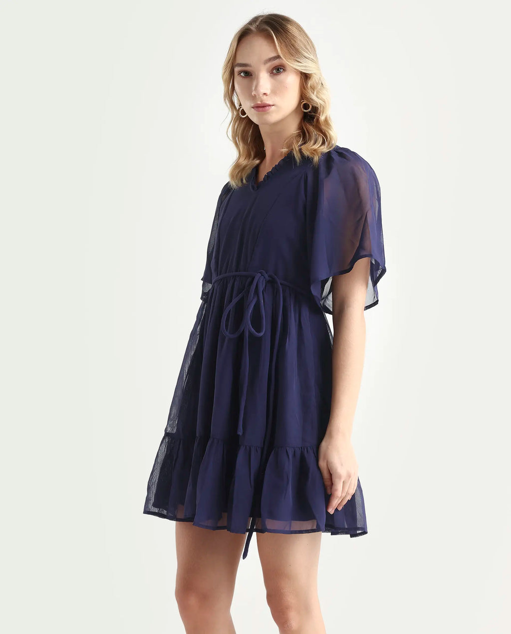 Rareism Women's Hocker Navy Polyester V-Neck Plain Flutter Sleeve Mini Regular Fit Dress