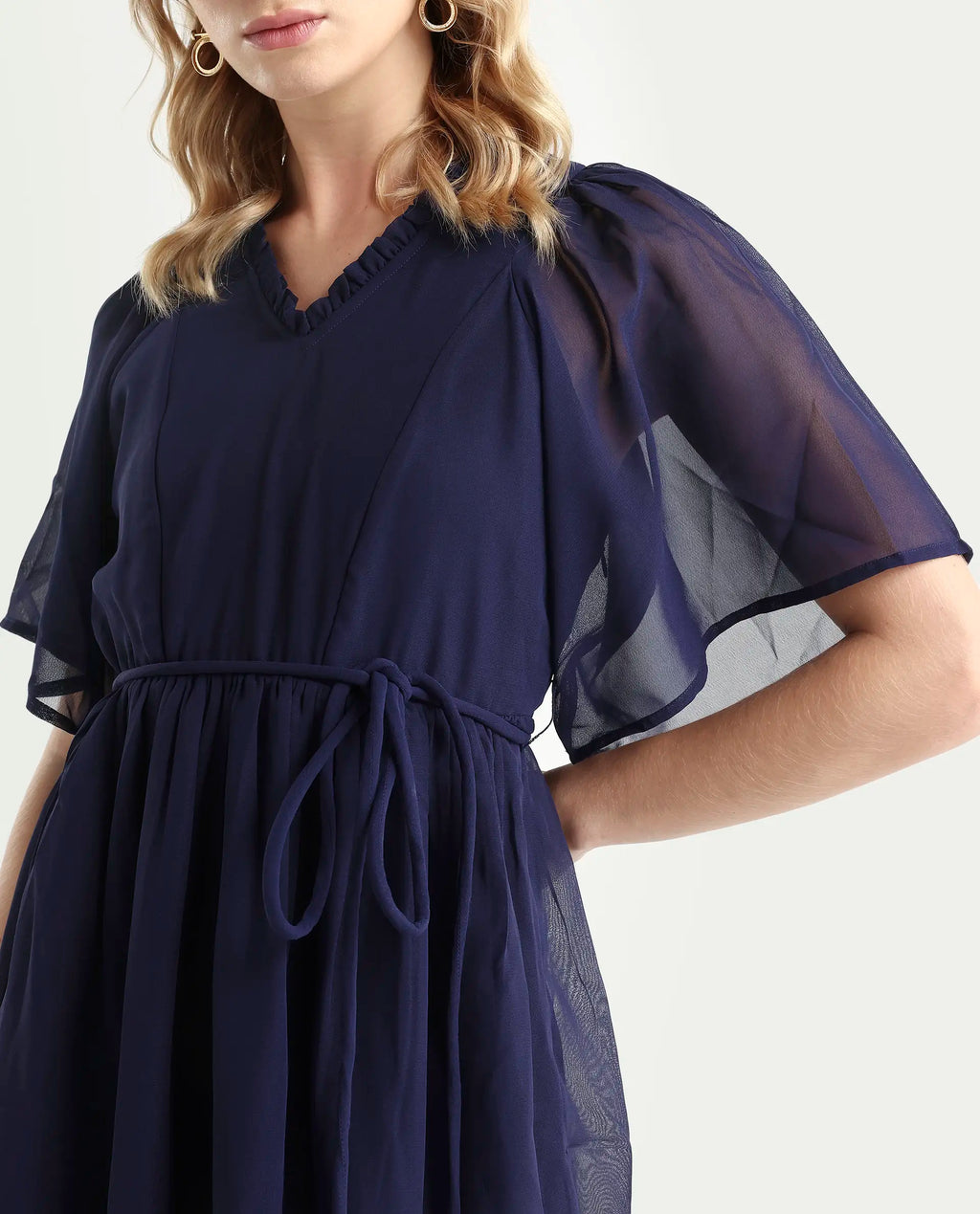 Rareism Women's Hocker Navy Polyester V-Neck Plain Flutter Sleeve Mini Regular Fit Dress