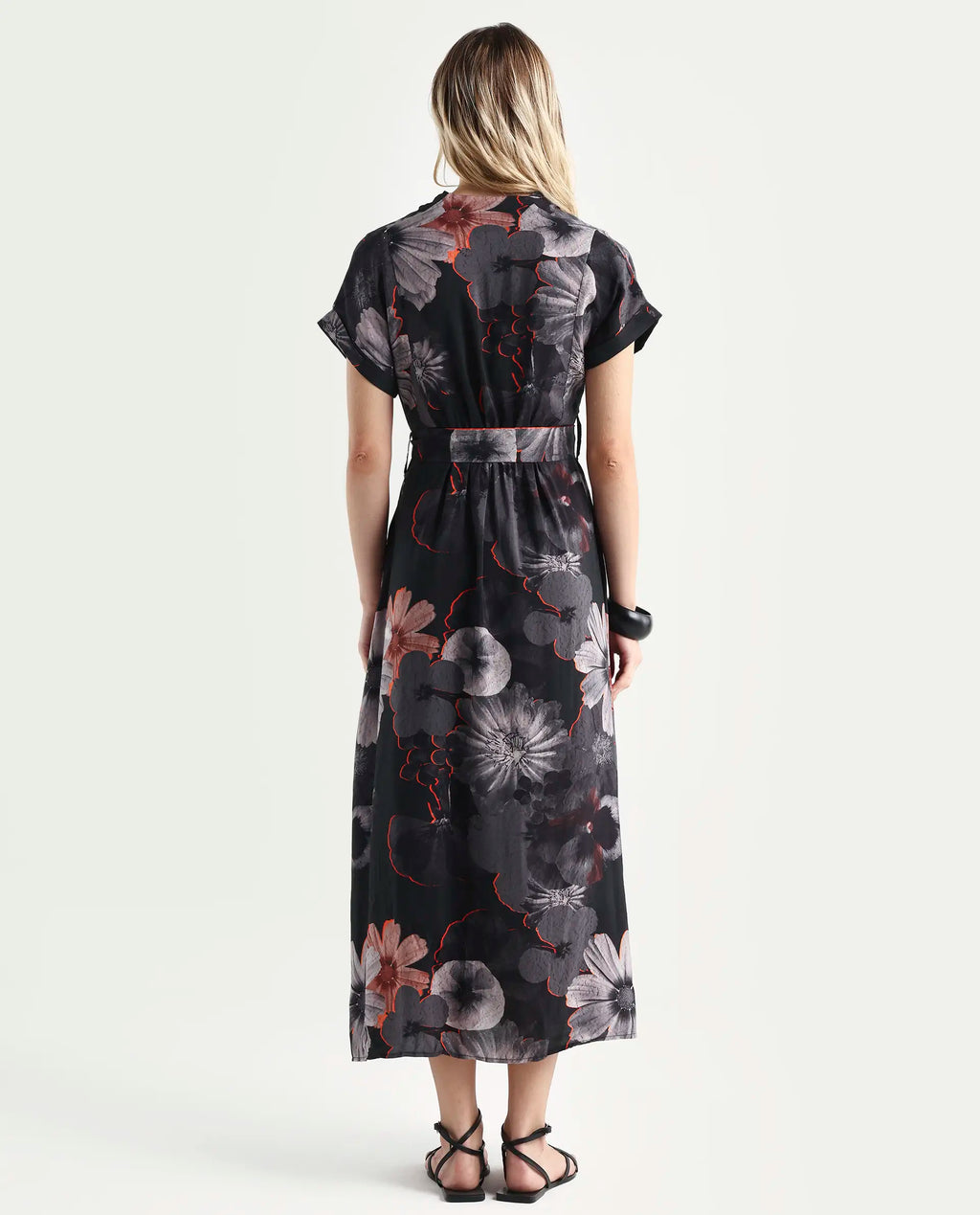 Rareism Women's Ringel Black Polyester Blend V-Neck Floral Print Extended Sleeves Maxi Regular Fit Dress