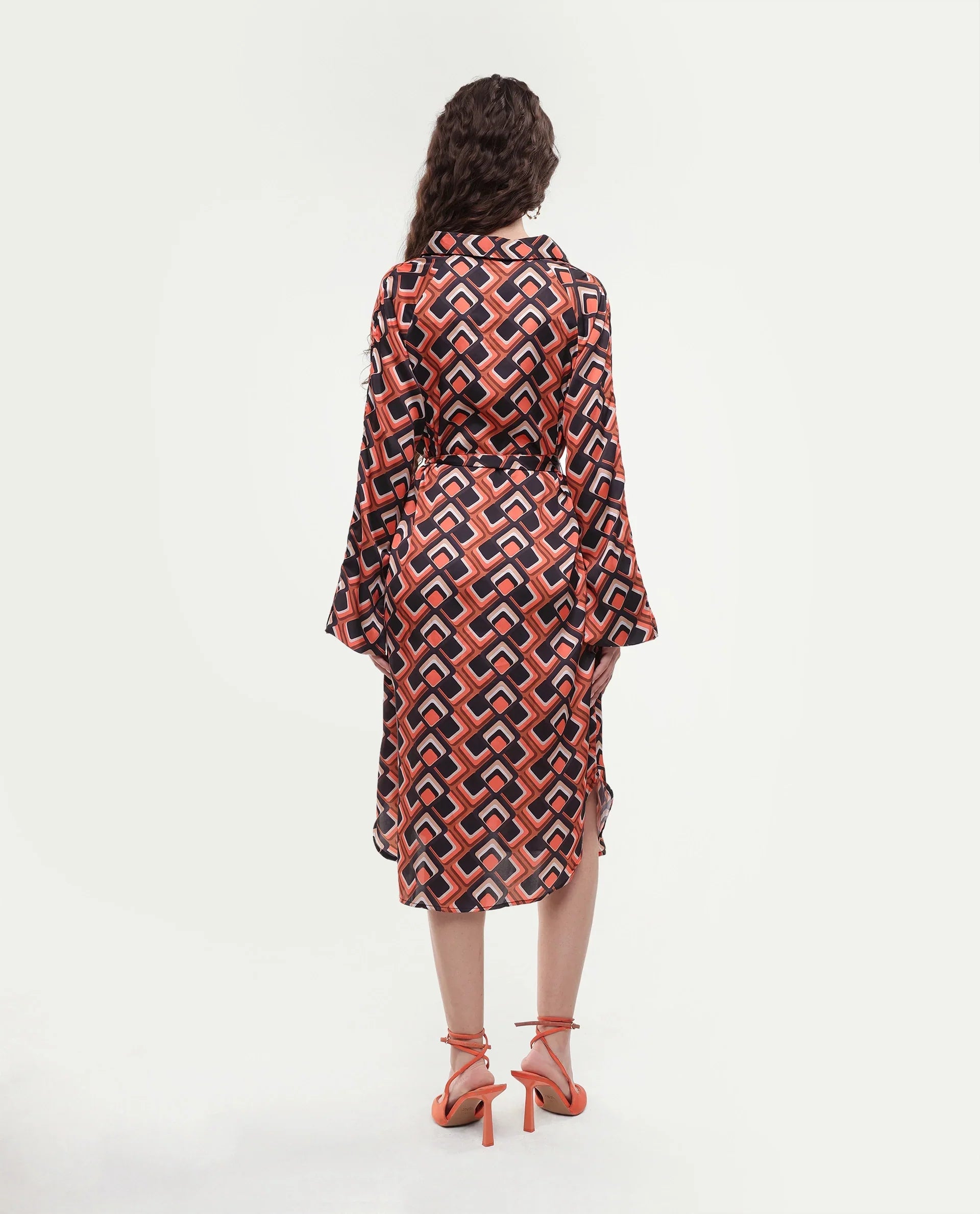 Rareism Women's Zwerg Orange Polyester Spread Collar Geometric Print Raglan Sleeve Knee Length Regular Fit Dress