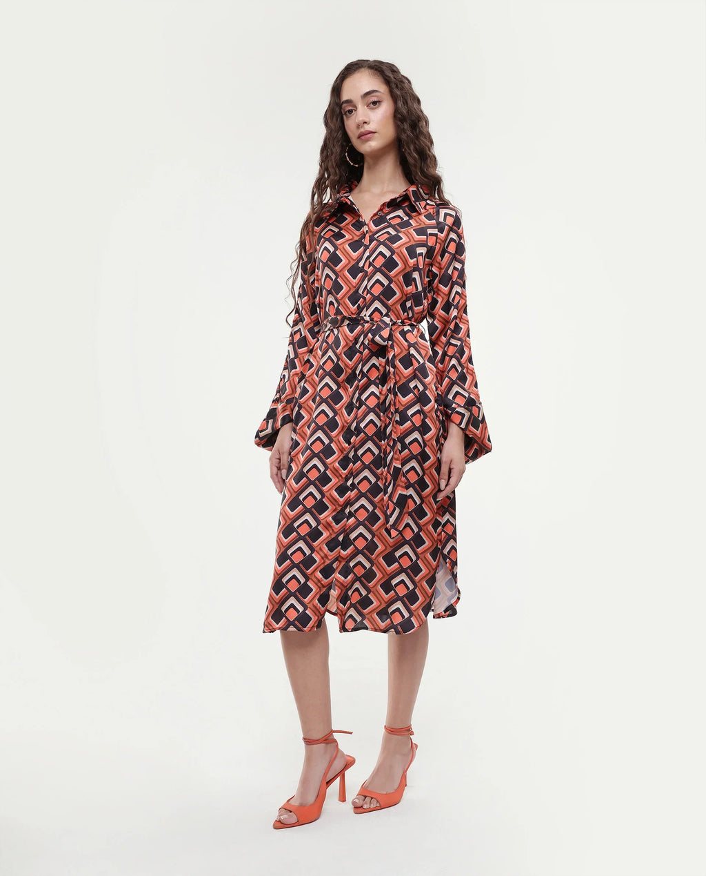 Rareism Women's Zwerg Orange Polyester Spread Collar Geometric Print Raglan Sleeve Knee Length Regular Fit Dress