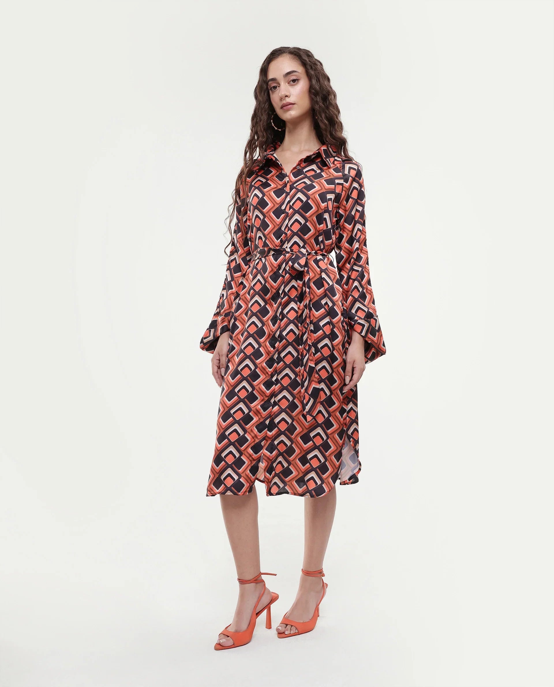 Rareism Women's Zwerg Orange Polyester Spread Collar Geometric Print Raglan Sleeve Knee Length Regular Fit Dress