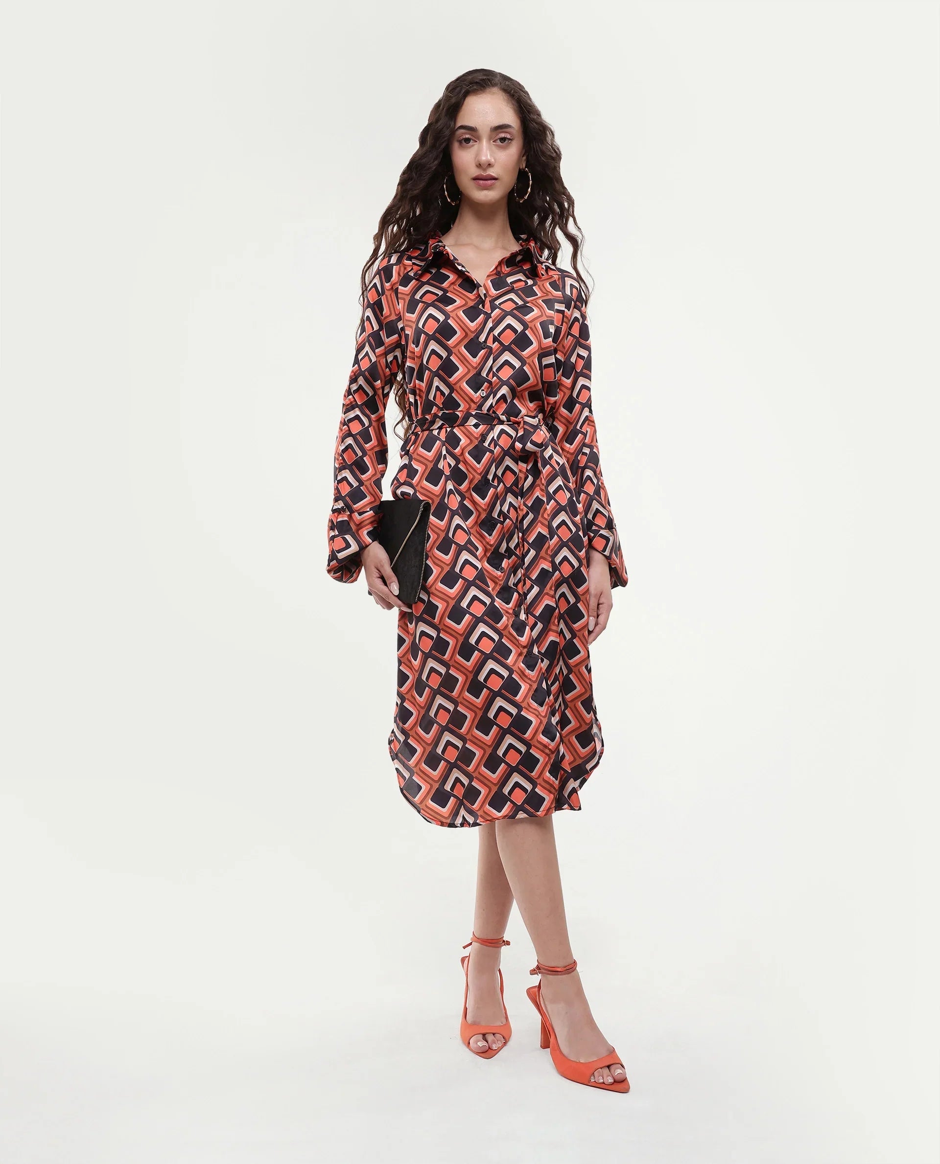 Rareism Women's Zwerg Orange Polyester Spread Collar Geometric Print Raglan Sleeve Knee Length Regular Fit Dress