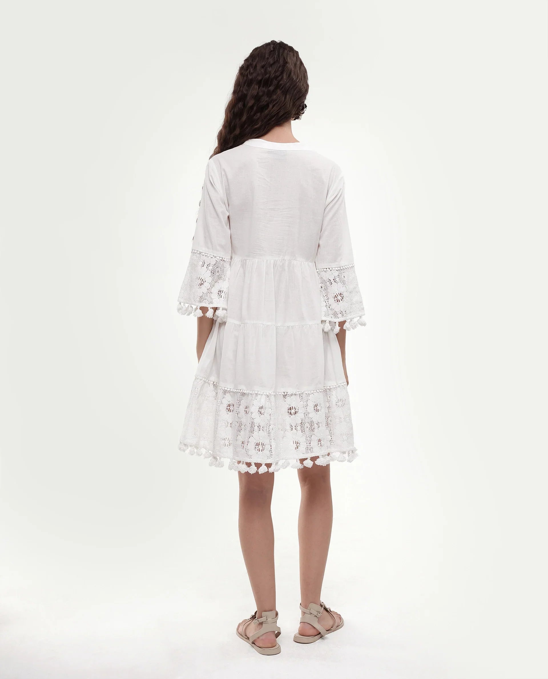 Rareism Women's Andarin White Cotton Tie-Up Neck Plain Bell Sleeve Knee Length Regular Fit Dress