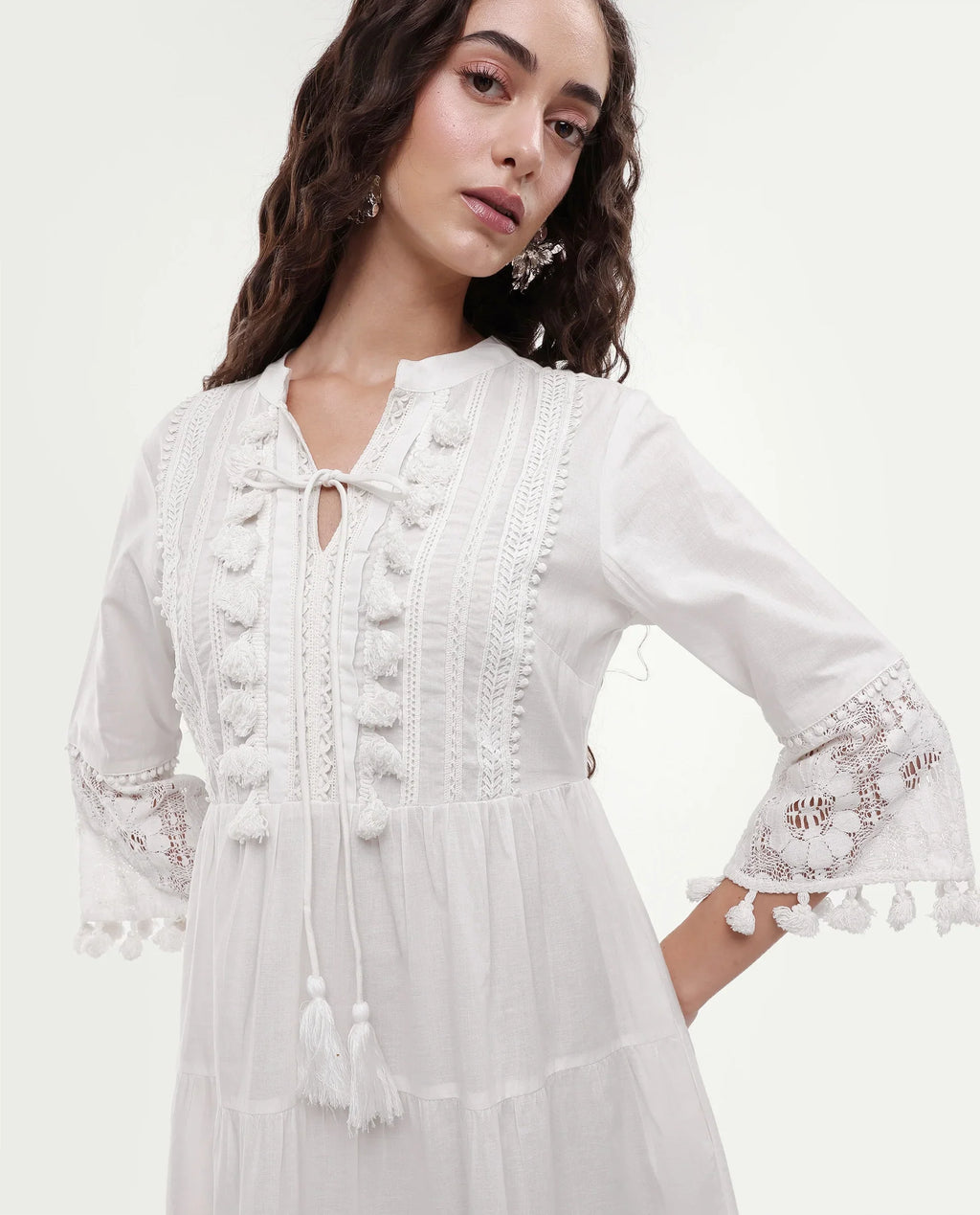 Rareism Women's Andarin White Cotton Tie-Up Neck Plain Bell Sleeve Knee Length Regular Fit Dress