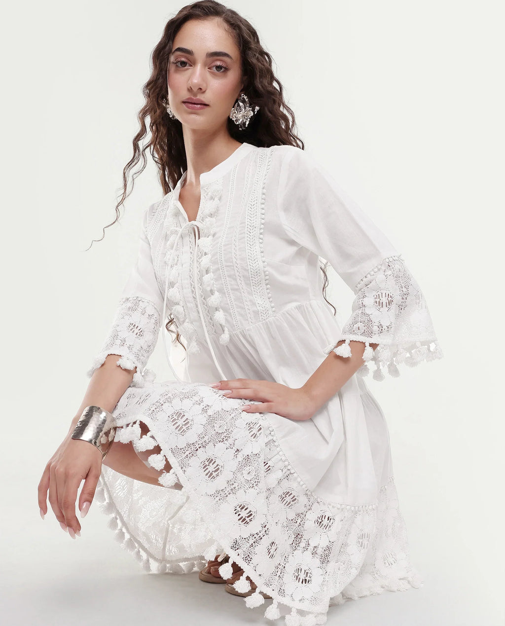 Rareism Women's Andarin White Cotton Tie-Up Neck Plain Bell Sleeve Knee Length Regular Fit Dress
