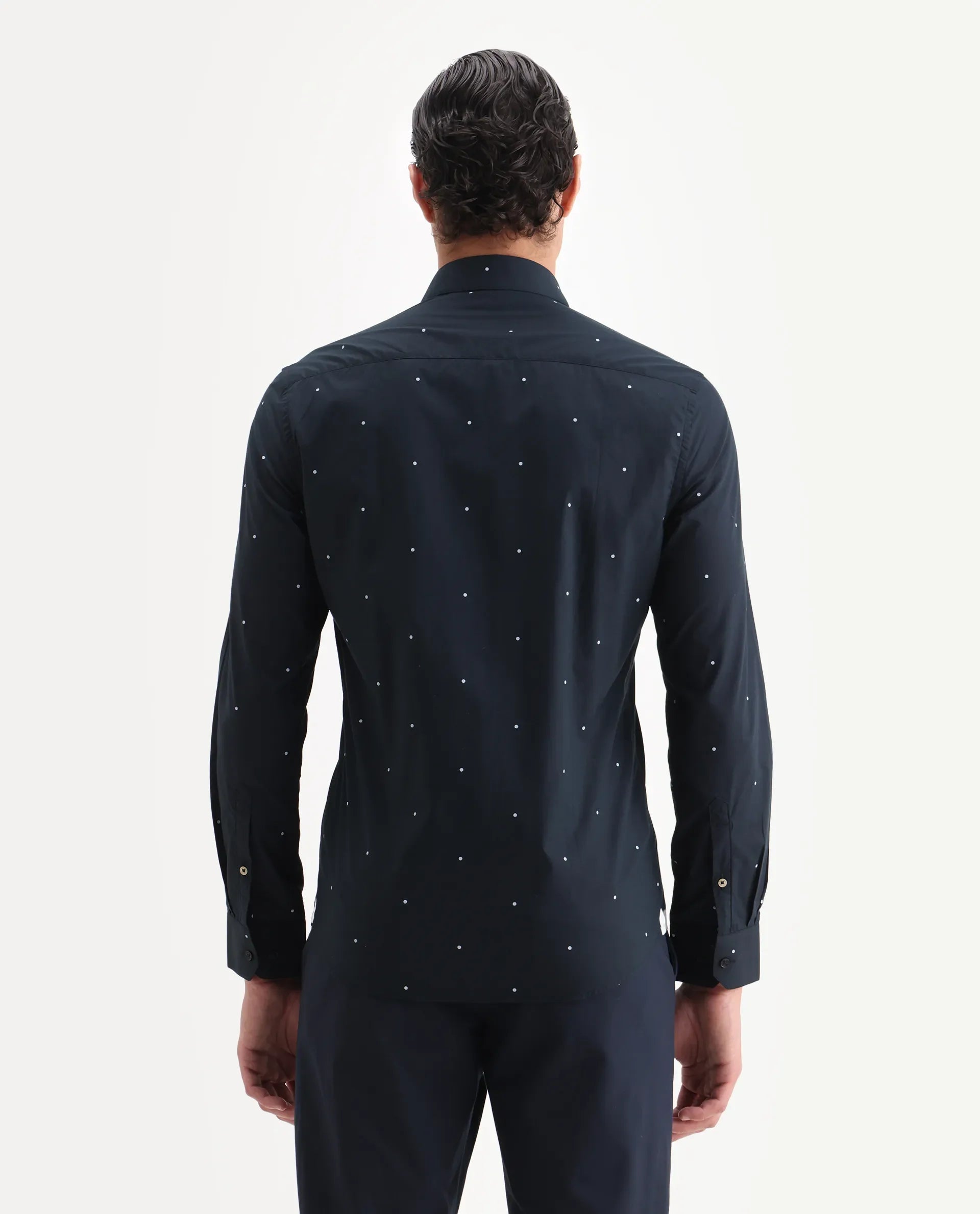 Rare Rabbit Men's Plutoo Black Cotton Polka Print Tailored Fit Full Sleeve Collared Shirt