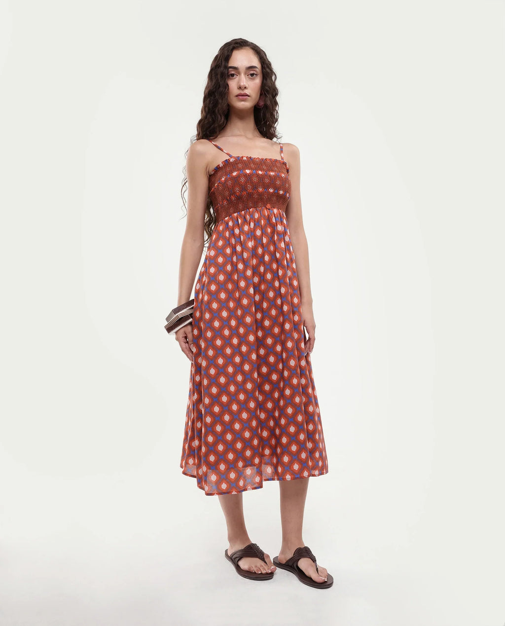 Rareism Women's Stewart Multi Cotton Shoulder Strap Geometric Print Shoulder Strap Midi Fit And Flare Dress