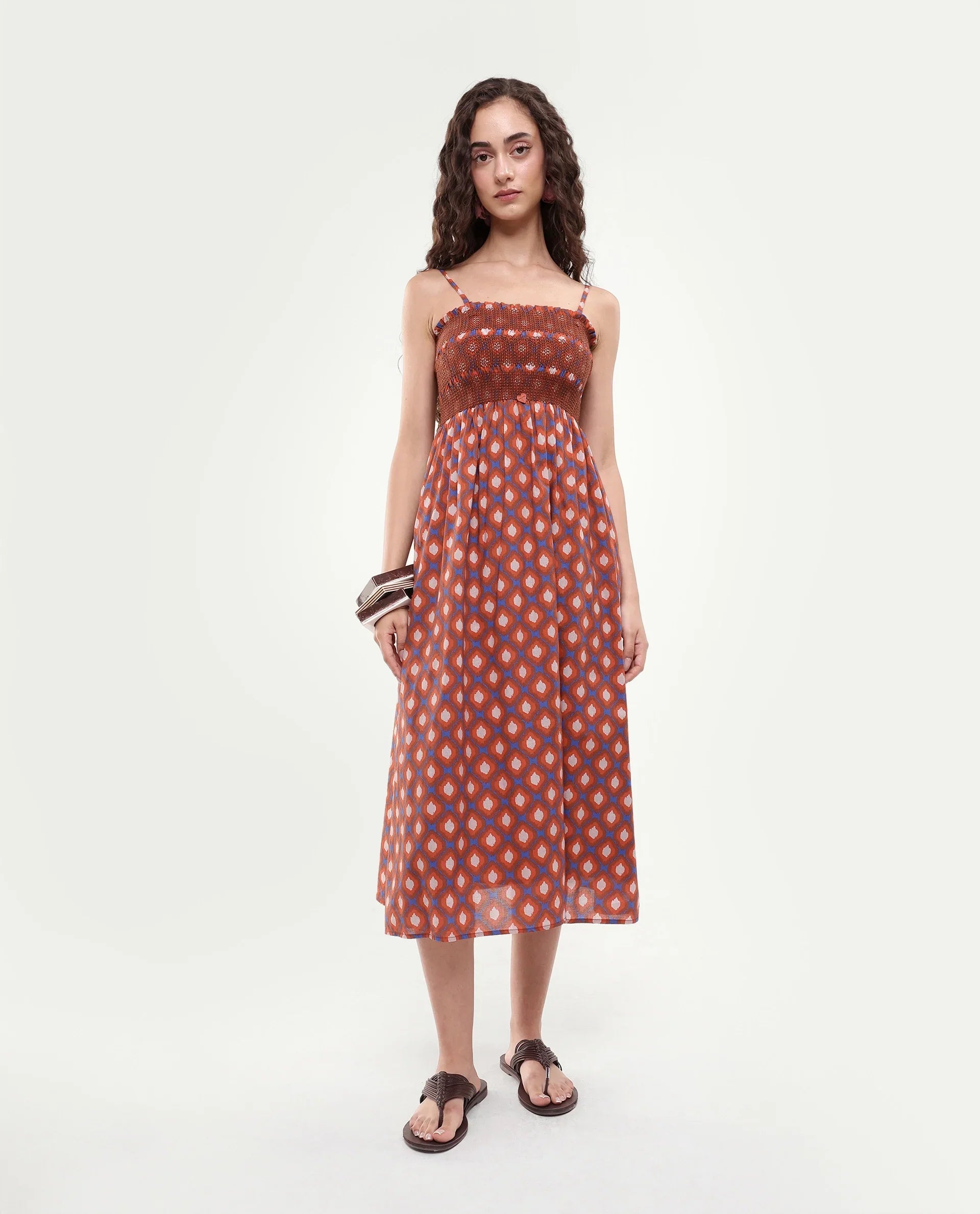 Rareism Women's Stewart Multi Cotton Shoulder Strap Geometric Print Shoulder Strap Midi Fit And Flare Dress