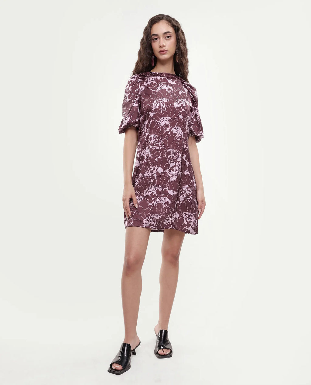 Rareism Women's Christie Dark Maroon Polyester Crew Neck Floral Print Puff Sleeves Mini Slim Fit Dress