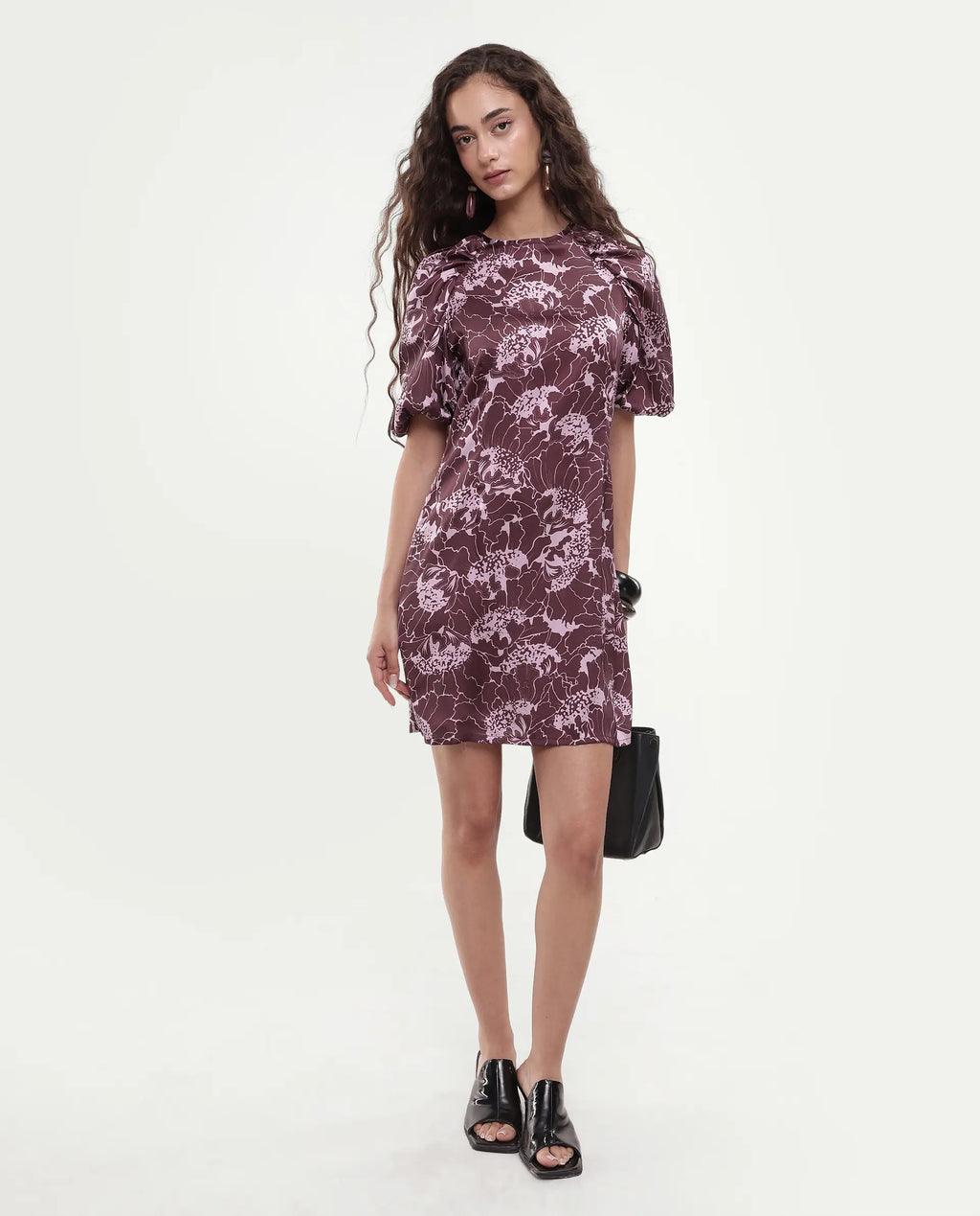Rareism Women's Christie Dark Maroon Polyester Crew Neck Floral Print Puff Sleeves Mini Slim Fit Dress