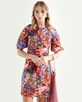 Rareism Women's Scott Multi Cotton Crew Neck Floral Print Puff Sleeves Mini Slim Fit Dress