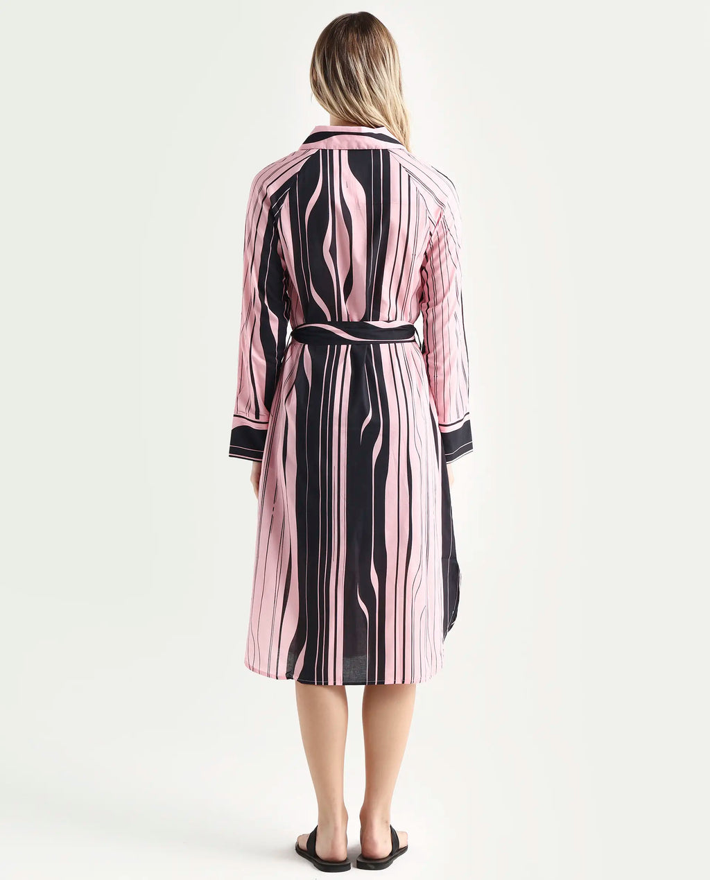 Rareism Women's Fraser Dark Pink Cotton Spread Collar Striped Cuffed Sleeve Midi Fit And Flare Dress