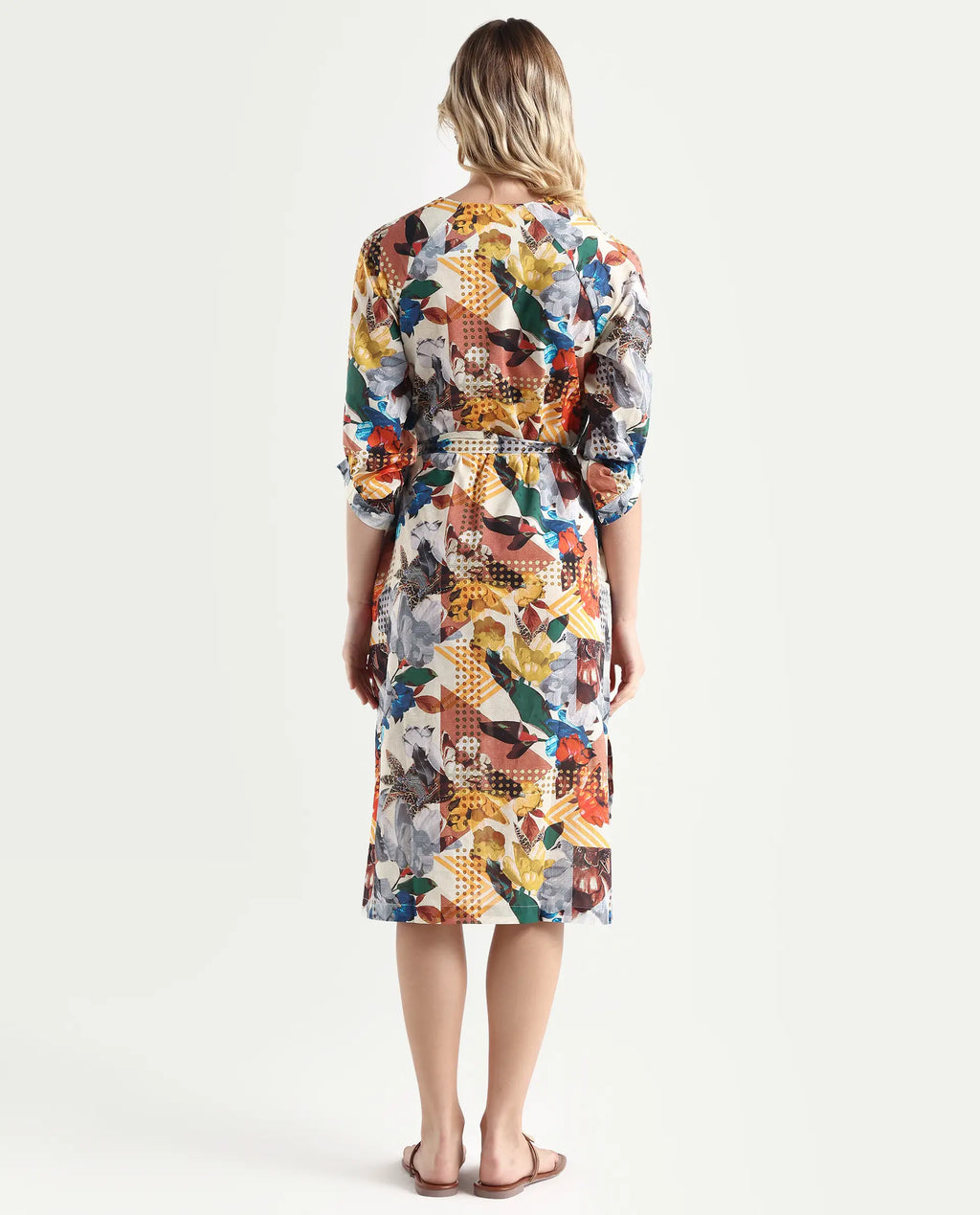 Rareism Women's Hamilton Multi Cotton V-Neck Abstract Print Balloon Sleeve Knee Length Regular Fit Dress
