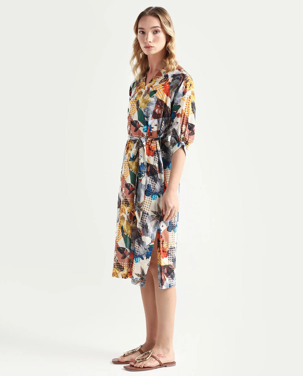 Rareism Women's Hamilton Multi Cotton V-Neck Abstract Print Balloon Sleeve Knee Length Regular Fit Dress