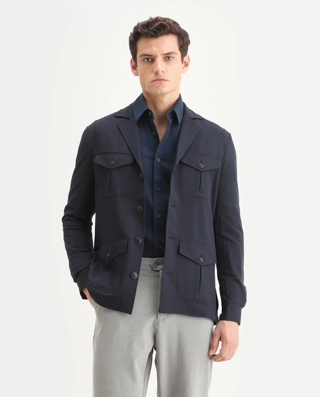 Rare Rabbit Men's Voyage Dark Navy Polyester Plain Tailored Fit Full Sleeve Lapel Neck Jacket