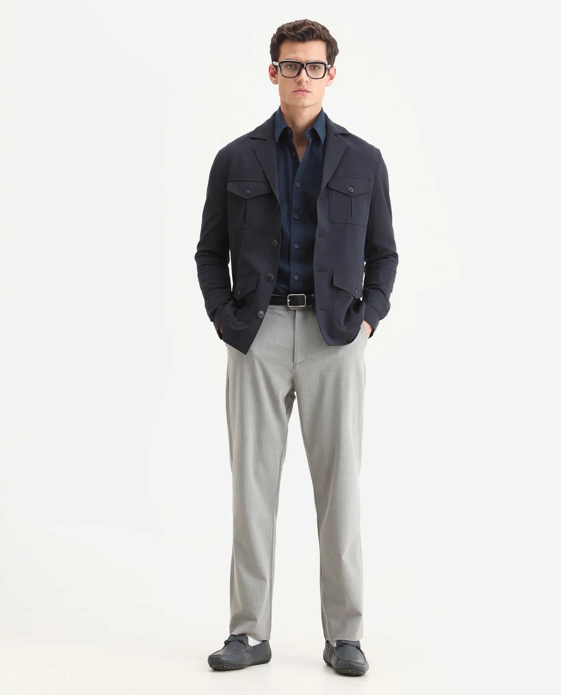Rare Rabbit Men's Voyage Dark Navy Polyester Plain Tailored Fit Full Sleeve Lapel Neck Jacket