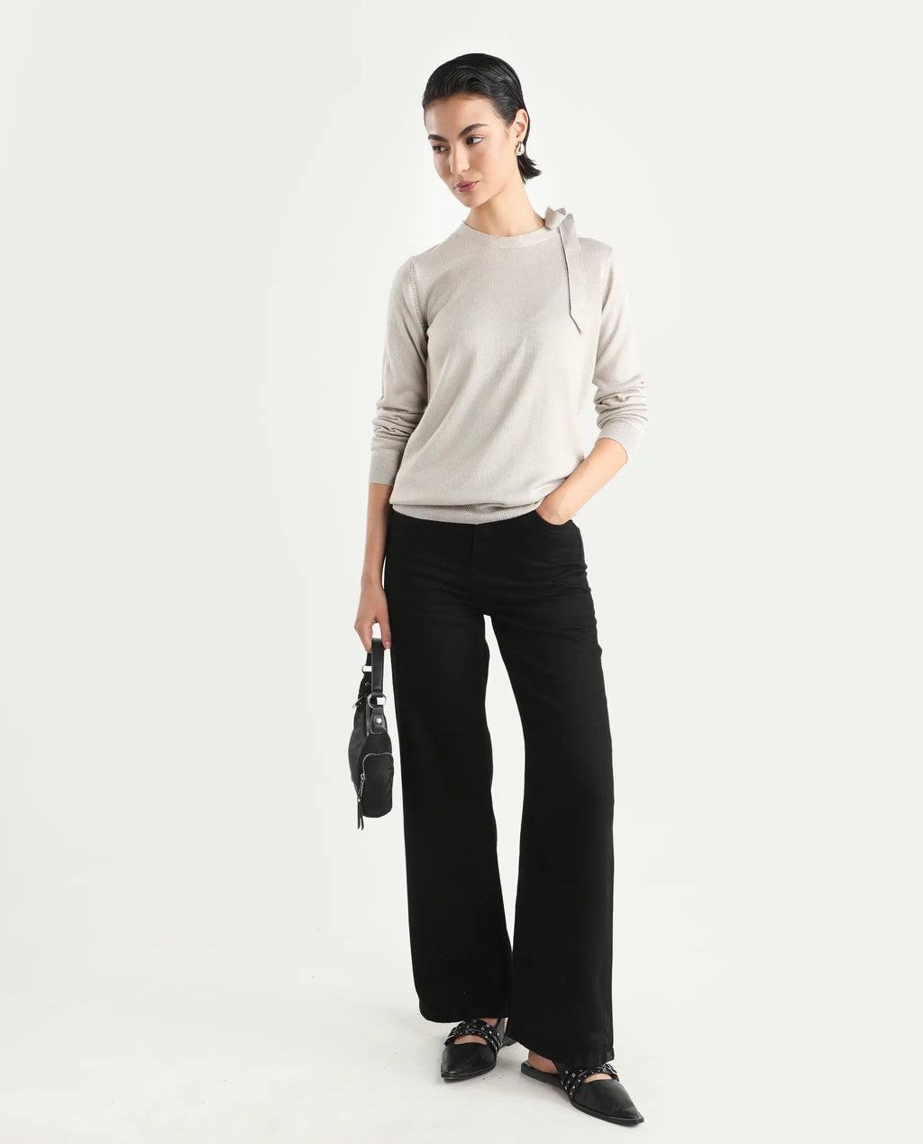 Rareism Women's Zener Off White Acrylic High Neck Plain Regular Fit Sweater