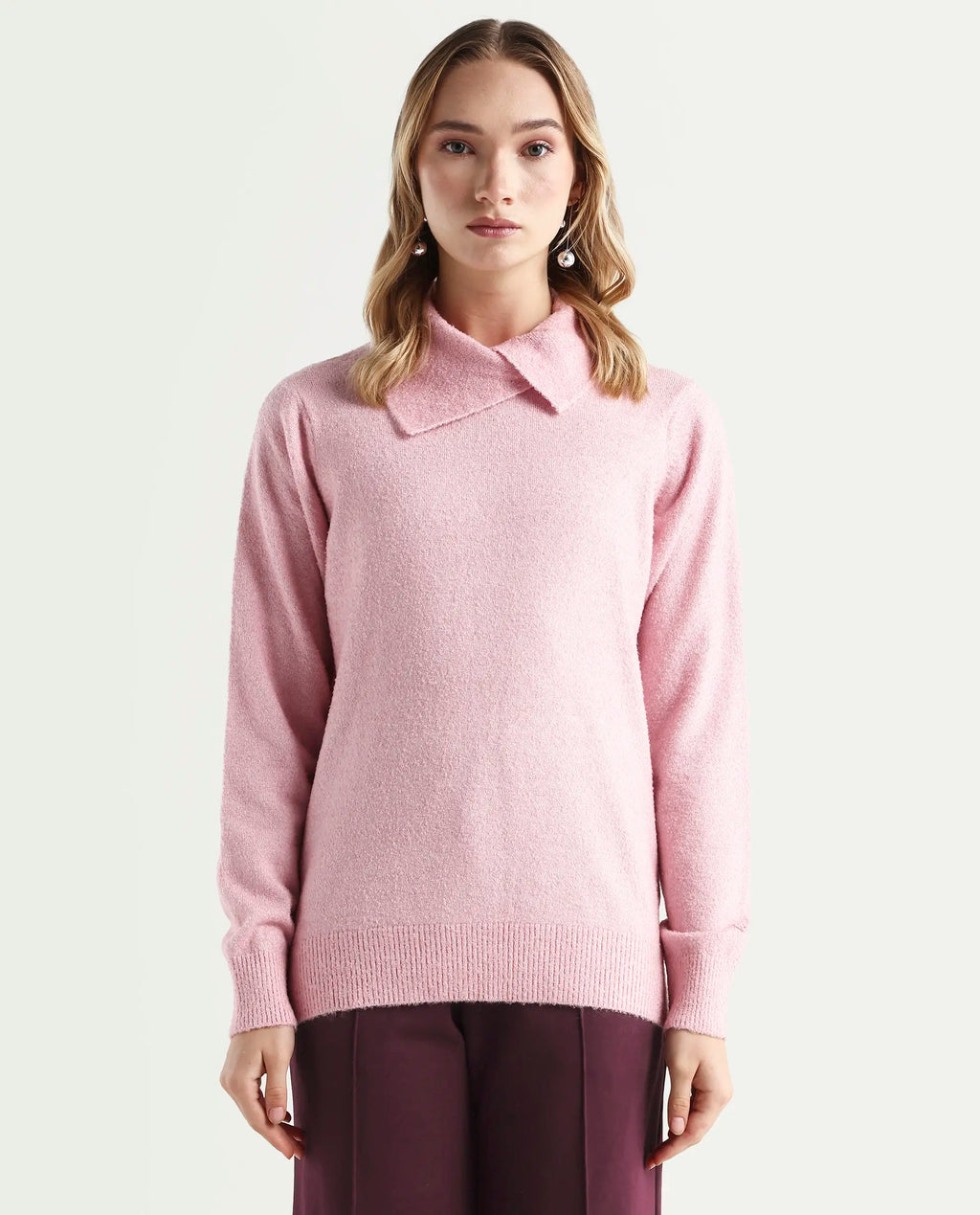 Rareism Women's Reni Pink Acrylic Overlap Neck Plain Regular Fit Sweater