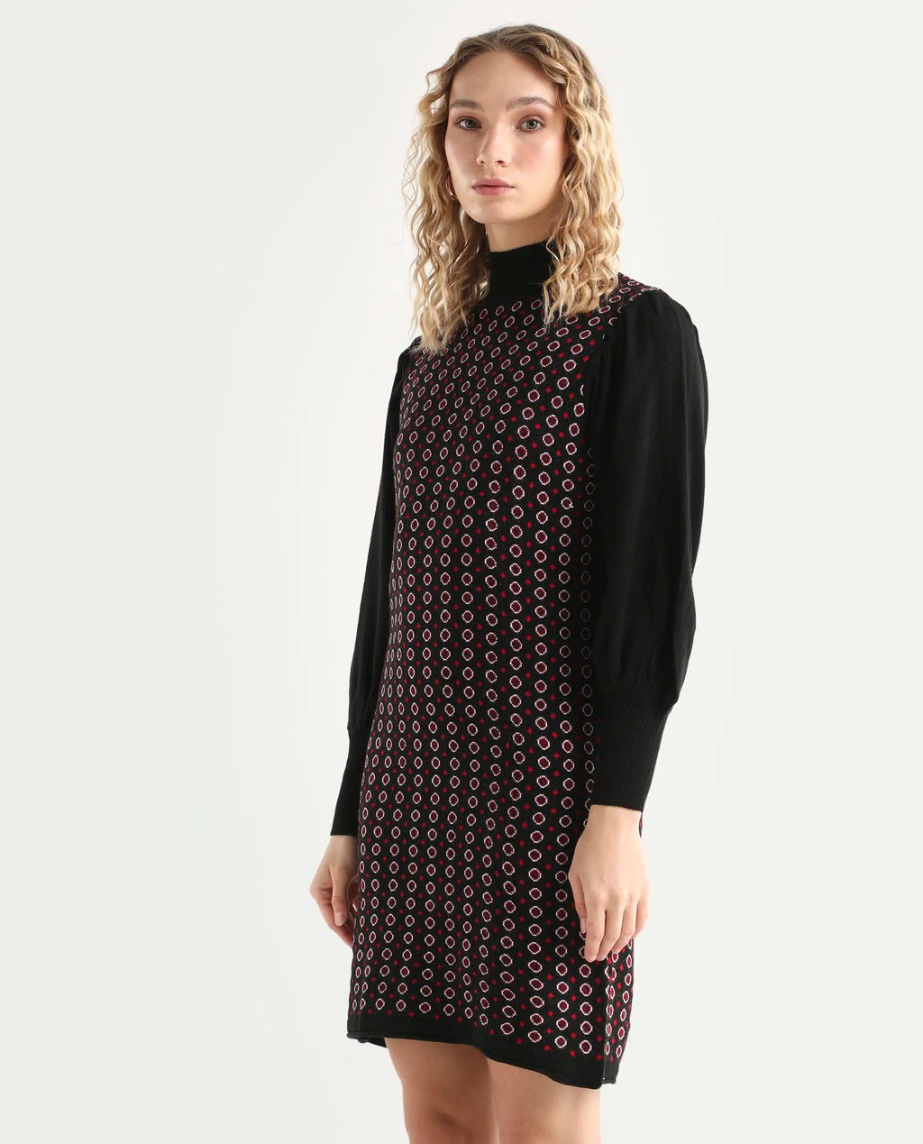 Rareism Women's Web 2 Black Acrylic High Neck Geometric Print Bishop Sleeve Knee Length Regular Fit Sweater