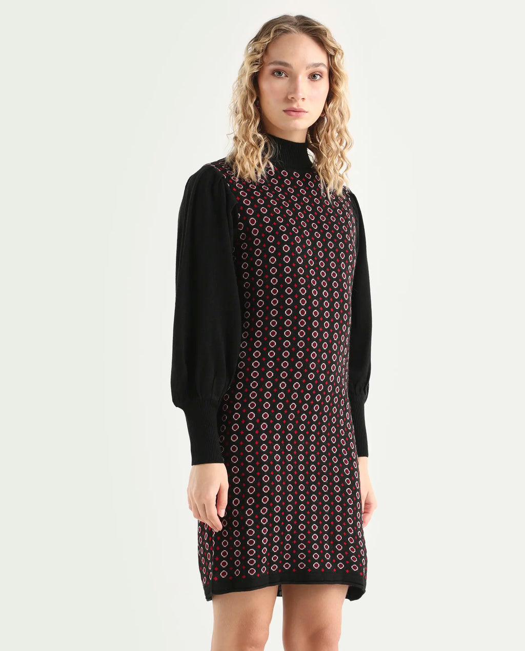 Rareism Women's Web 2 Black Acrylic High Neck Geometric Print Bishop Sleeve Knee Length Regular Fit Sweater