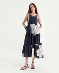 Rareism Women's Acker Navy Cotton V-Neck Floral Print Shoulder Strap Midi Relaxed Fit Dress