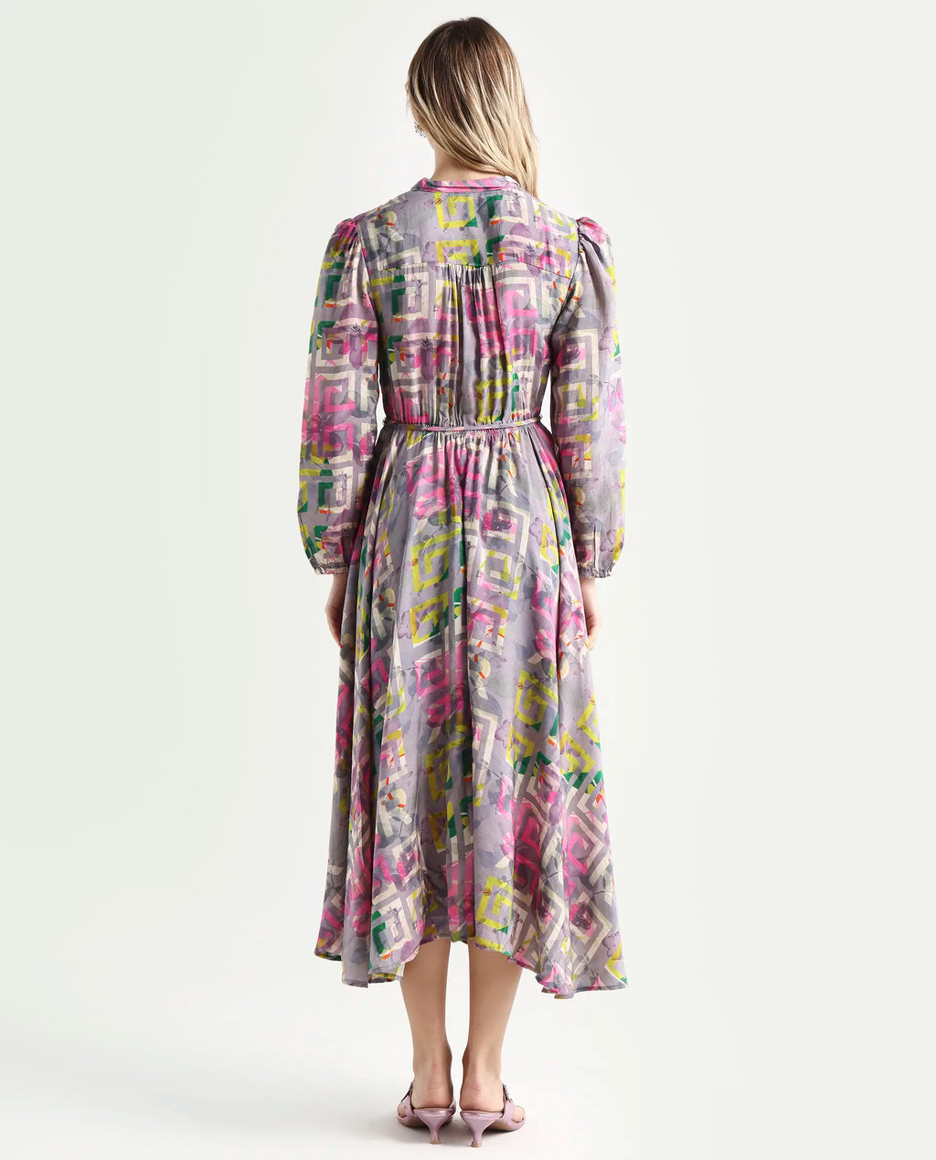 Rareism Women's Austir Multi Polyester Mandarin Collar Geometric Print Balloon Sleeve Maxi Regular Fit Dress