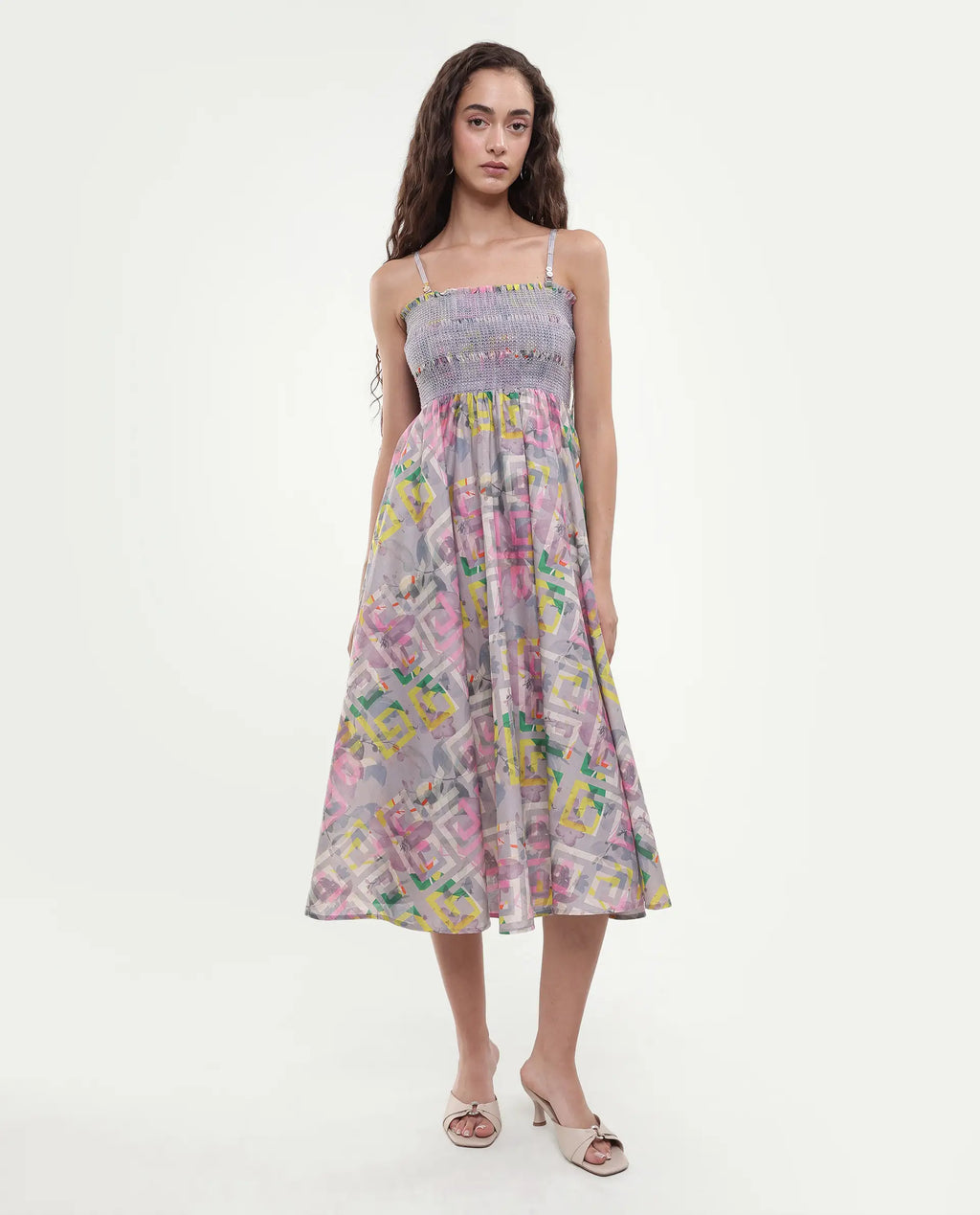 Rareism Women's Mazon Multi Cotton Tube Neck Floral Print Shoulder Strap Midi Fit And Flare Dress