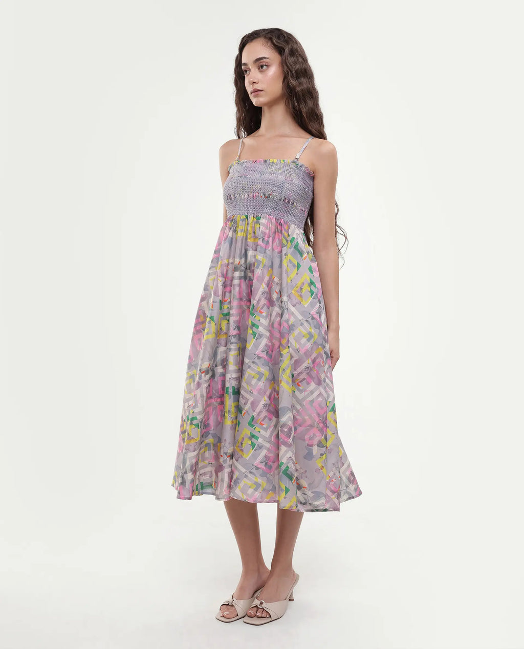 Rareism Women's Mazon Multi Cotton Tube Neck Floral Print Shoulder Strap Midi Fit And Flare Dress