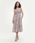 Rareism Women's Mazon Multi Cotton Tube Neck Floral Print Shoulder Strap Midi Fit And Flare Dress