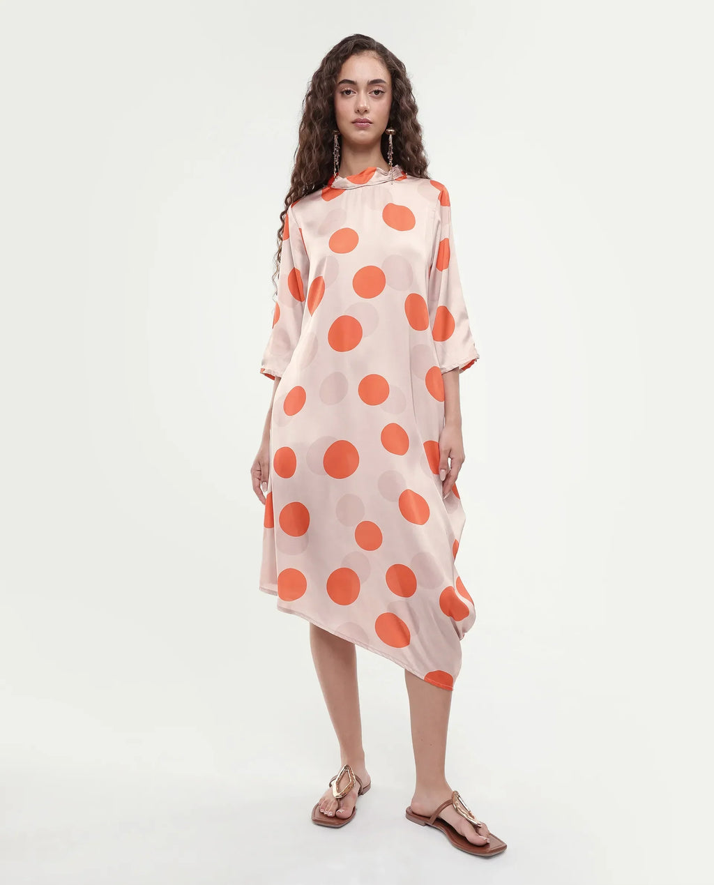 Rareism Women's Nia Light Beige Polyester High Neck Polka Print Midi Relaxed Fit Dress