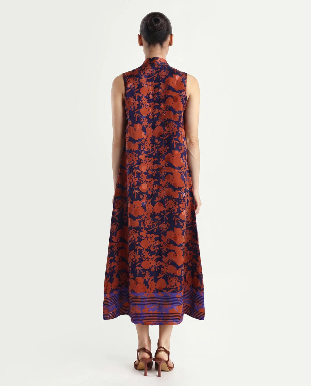 Rareism Women's Ellu Brown Polyester Tie-Up Neck Floral Print Sleeveless Knee Length Regular Fit Dress