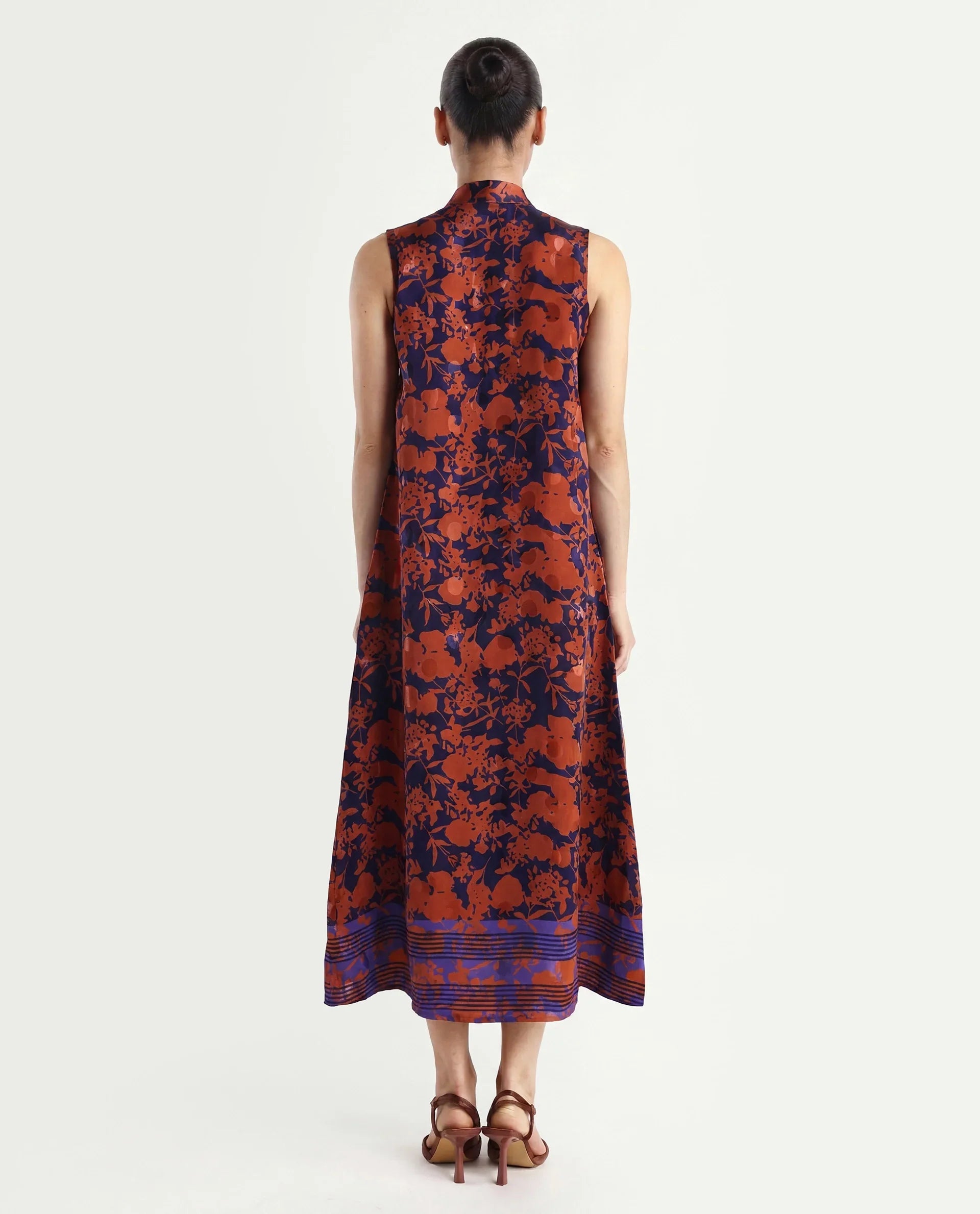 Rareism Women's Ellu Brown Polyester Tie-Up Neck Floral Print Sleeveless Knee Length Regular Fit Dress