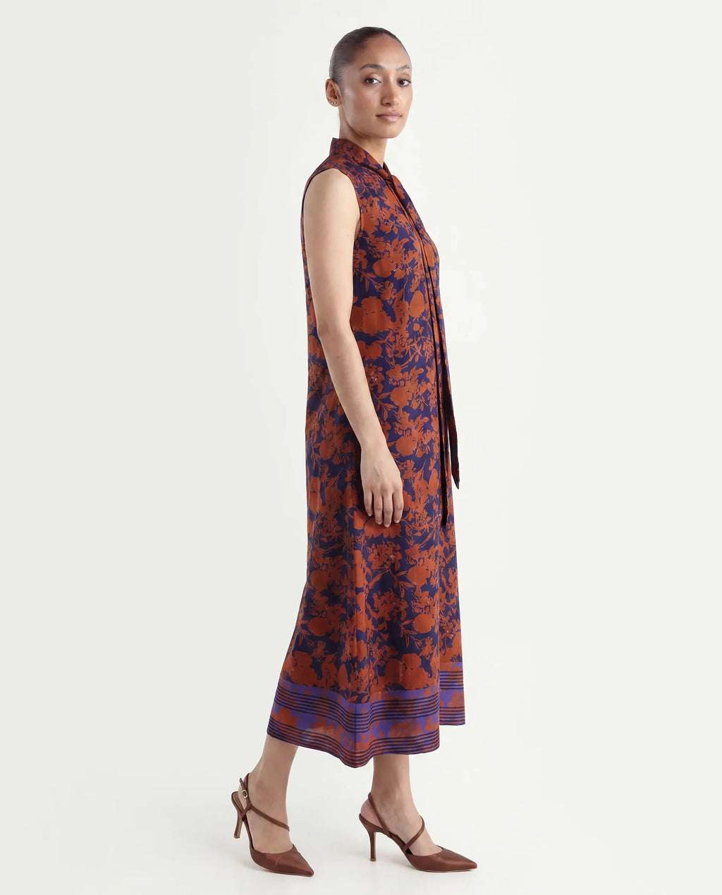 Rareism Women's Ellu Brown Polyester Tie-Up Neck Floral Print Sleeveless Knee Length Regular Fit Dress
