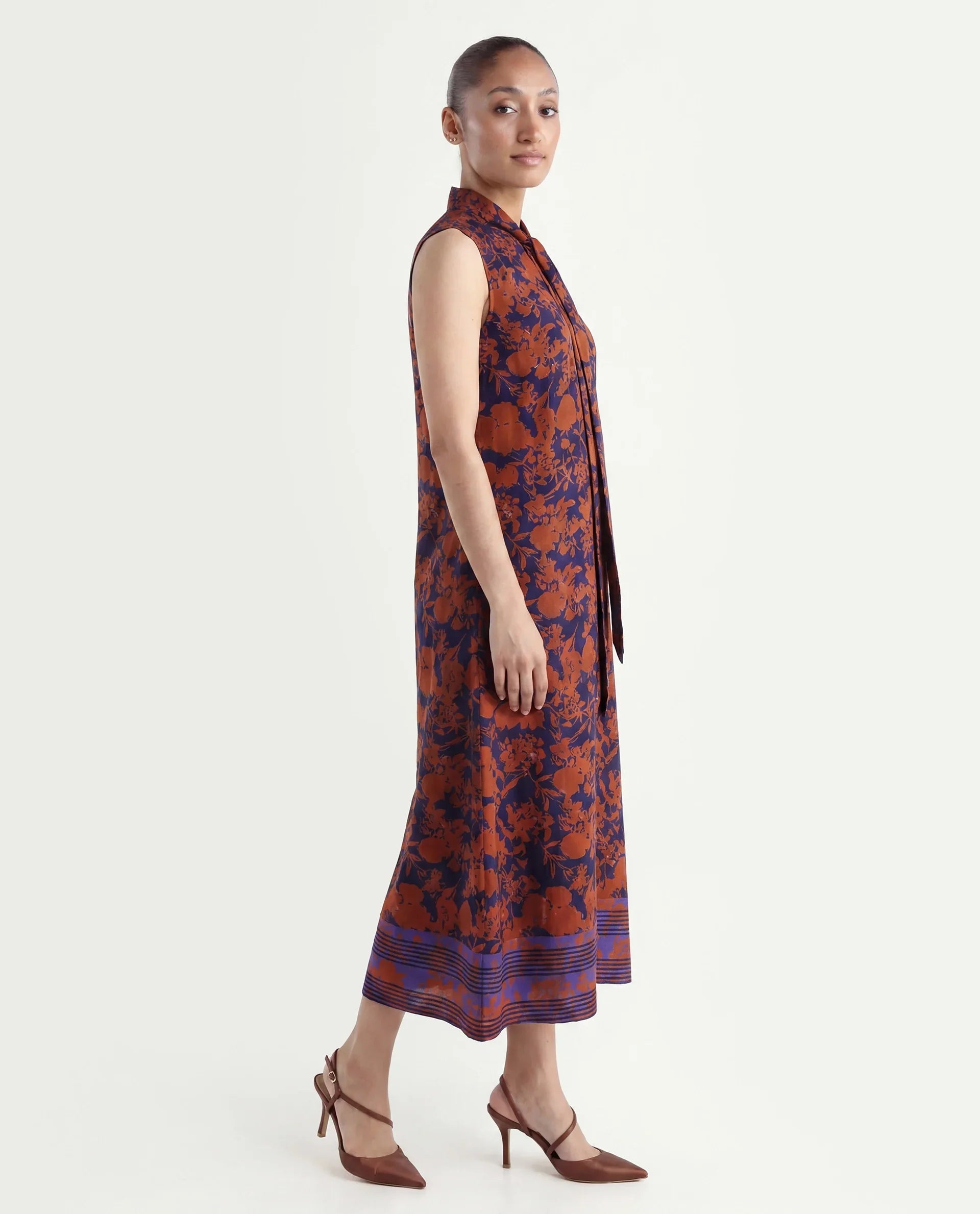 Rareism Women's Ellu Brown Polyester Tie-Up Neck Floral Print Sleeveless Knee Length Regular Fit Dress