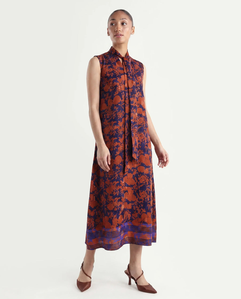 Rareism Women's Ellu Brown Polyester Tie-Up Neck Floral Print Sleeveless Knee Length Regular Fit Dress
