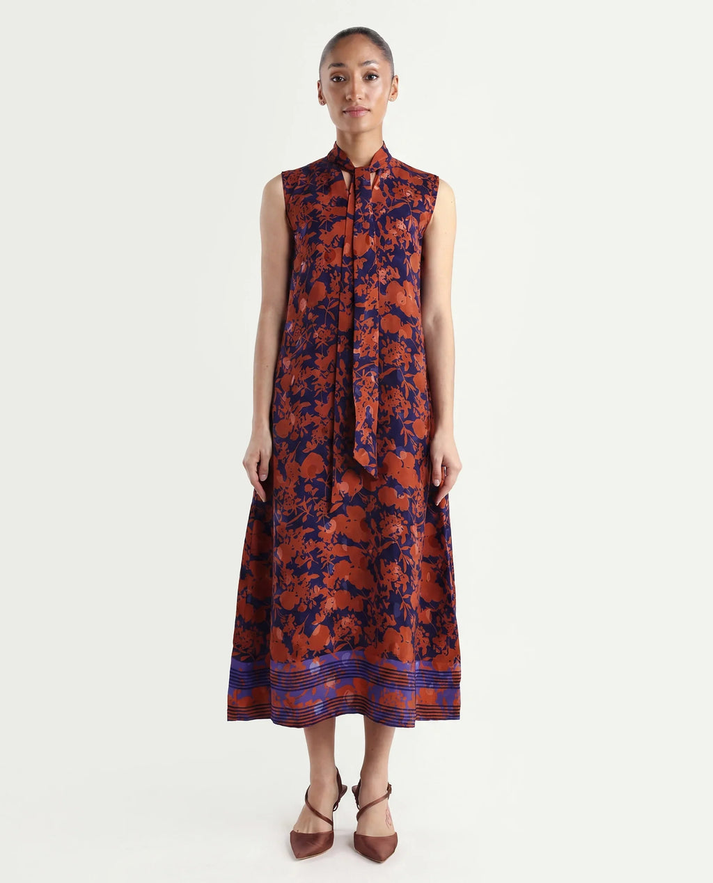 Rareism Women's Ellu Brown Polyester Tie-Up Neck Floral Print Sleeveless Knee Length Regular Fit Dress