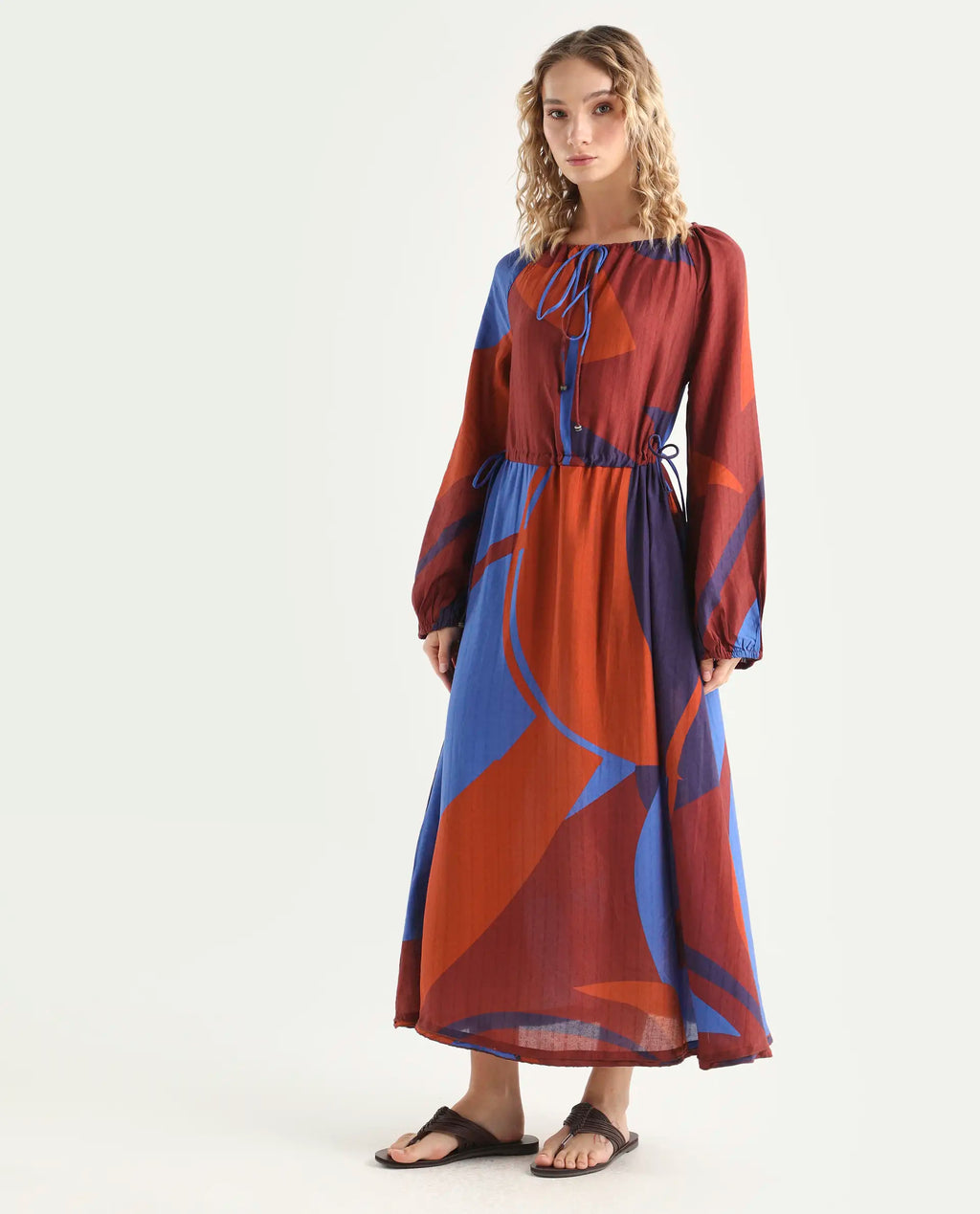 Rareism Women's Telor Brown Polyester Sweetheart Neck Abstract Print Balloon Sleeve Maxi Regular Fit Dress