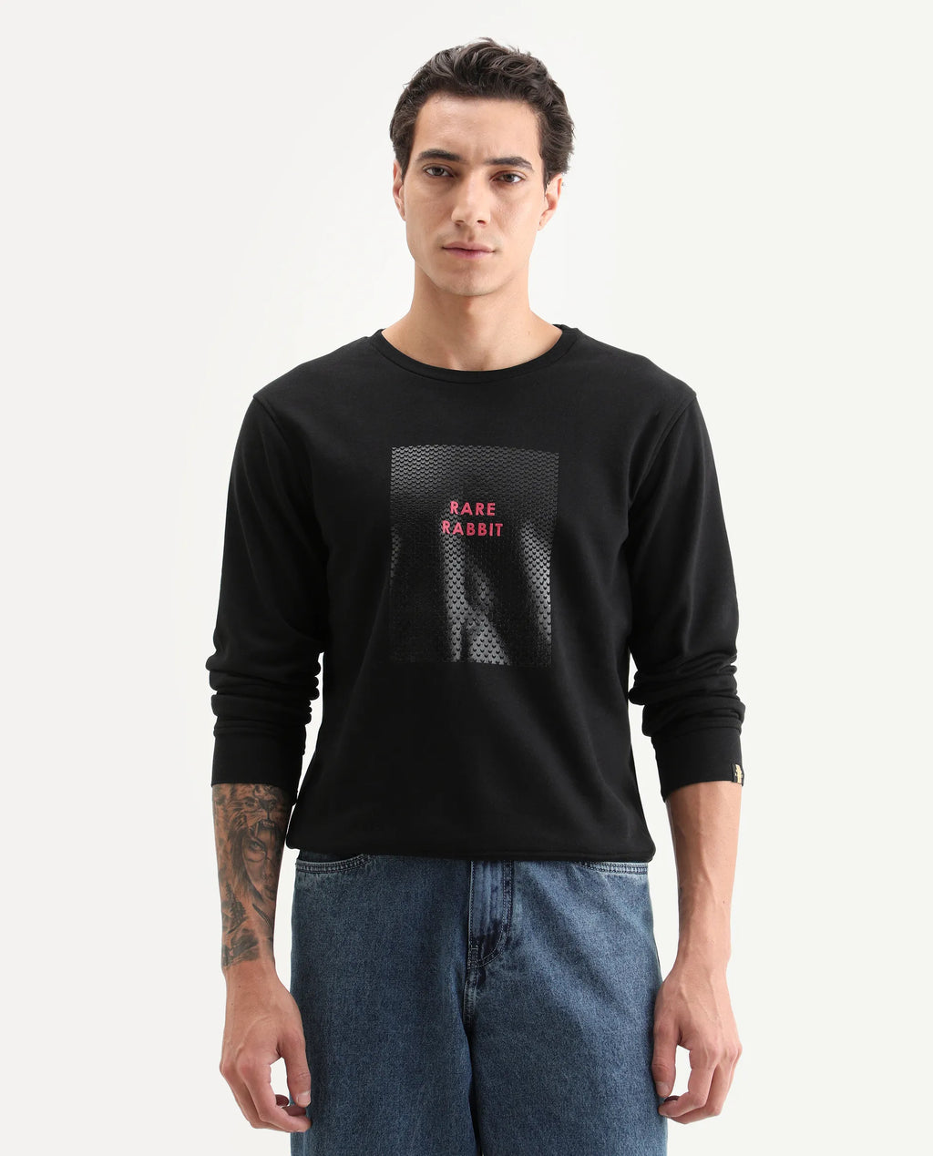 Rare Rabbit Men's Osin Black Cotton Graphic Print Relaxed Fit Full Sleeve Crew Neck Sweatshirt