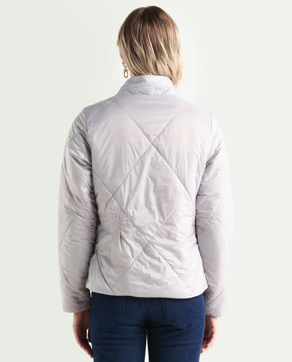 Rareism Women's Cora 1 Grey Nylon High Neck Plain Regular Fit Jacket