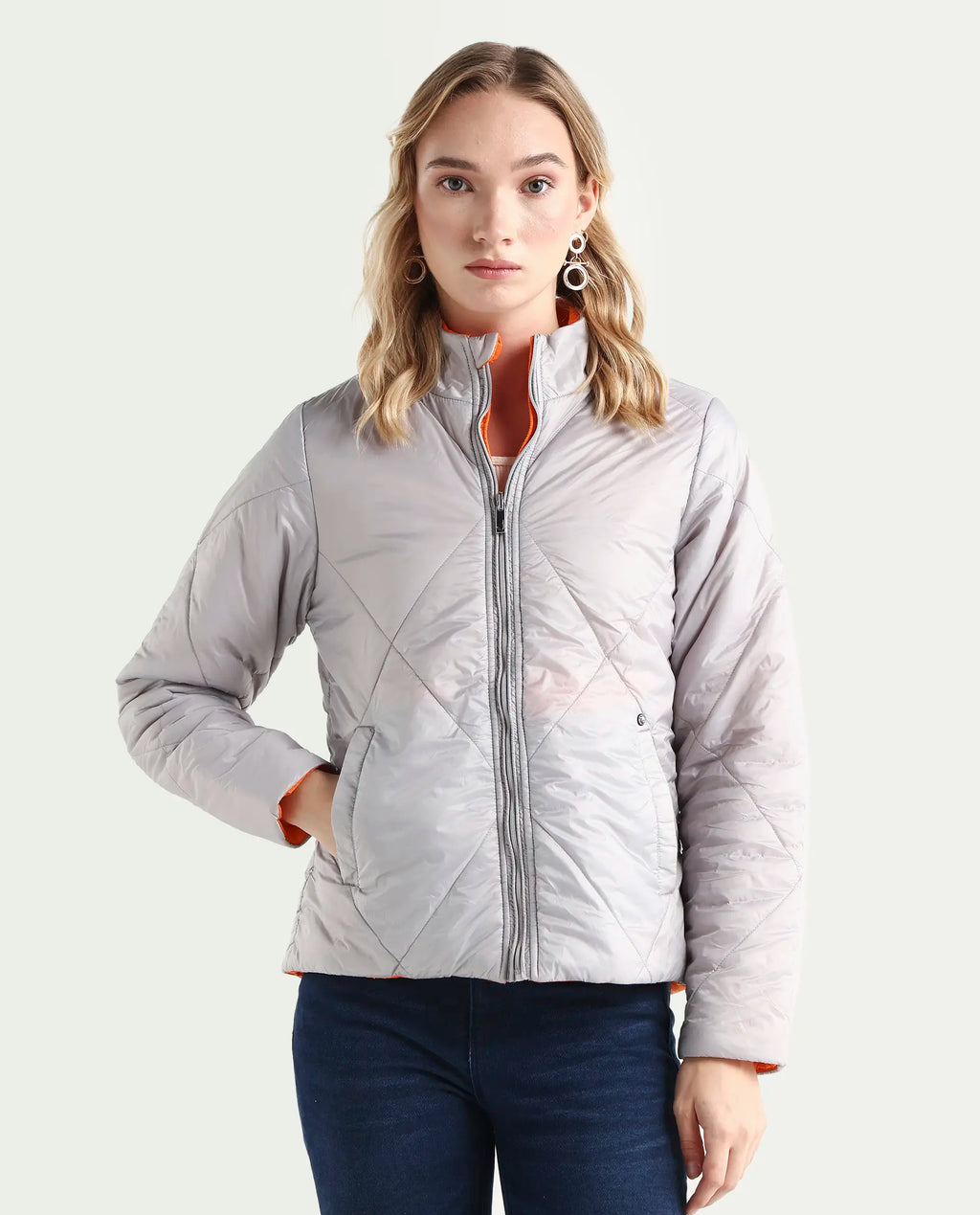Rareism Women's Cora 1 Grey Nylon High Neck Plain Regular Fit Jacket