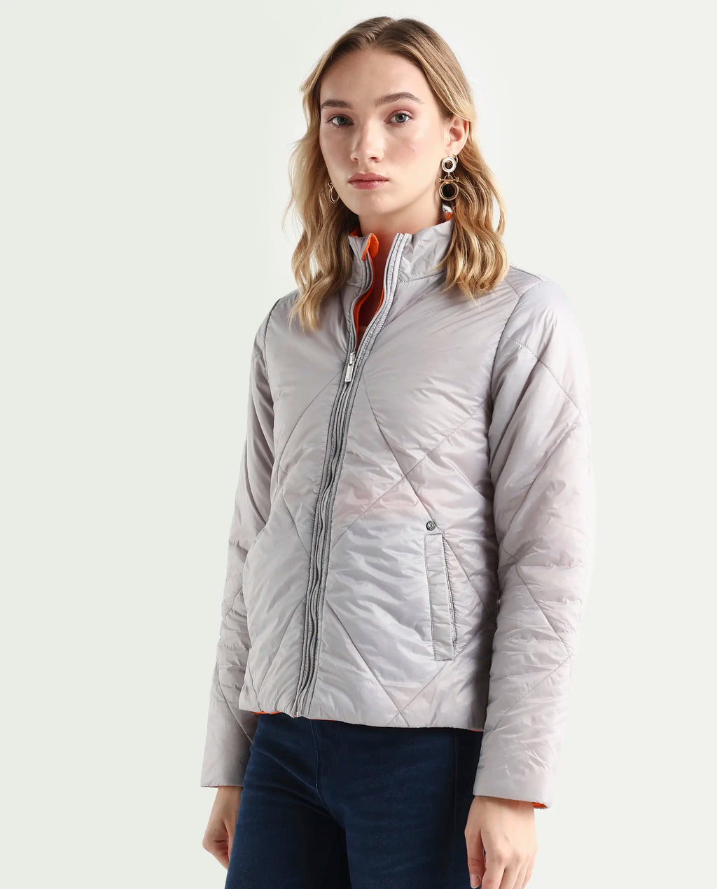 Rareism Women's Cora 1 Grey Nylon High Neck Plain Regular Fit Jacket